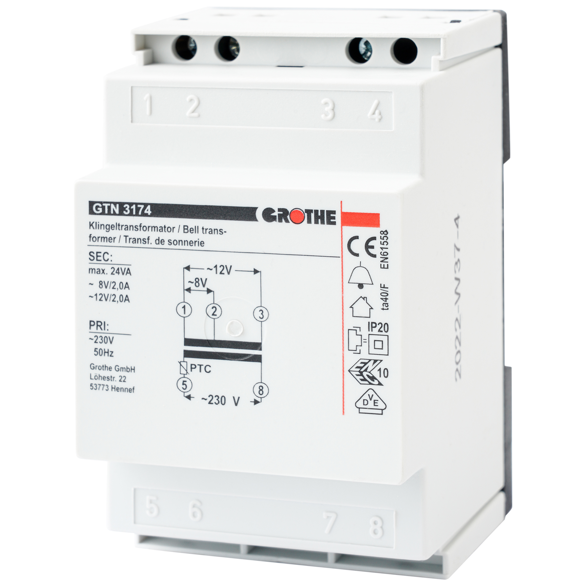 Sicherheitstransformator GTN 3174 von Grothe im Hutschienengehäuse mit Anschlussklemmen und Schaltbild in Schrägansicht