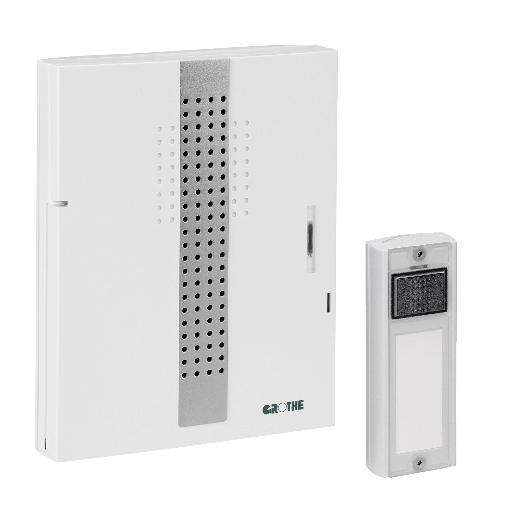 Funkgong-Set mit weißem Gong, silberner Gitterfläche, passendem Funktaster, leicht schräge Frontalansicht.