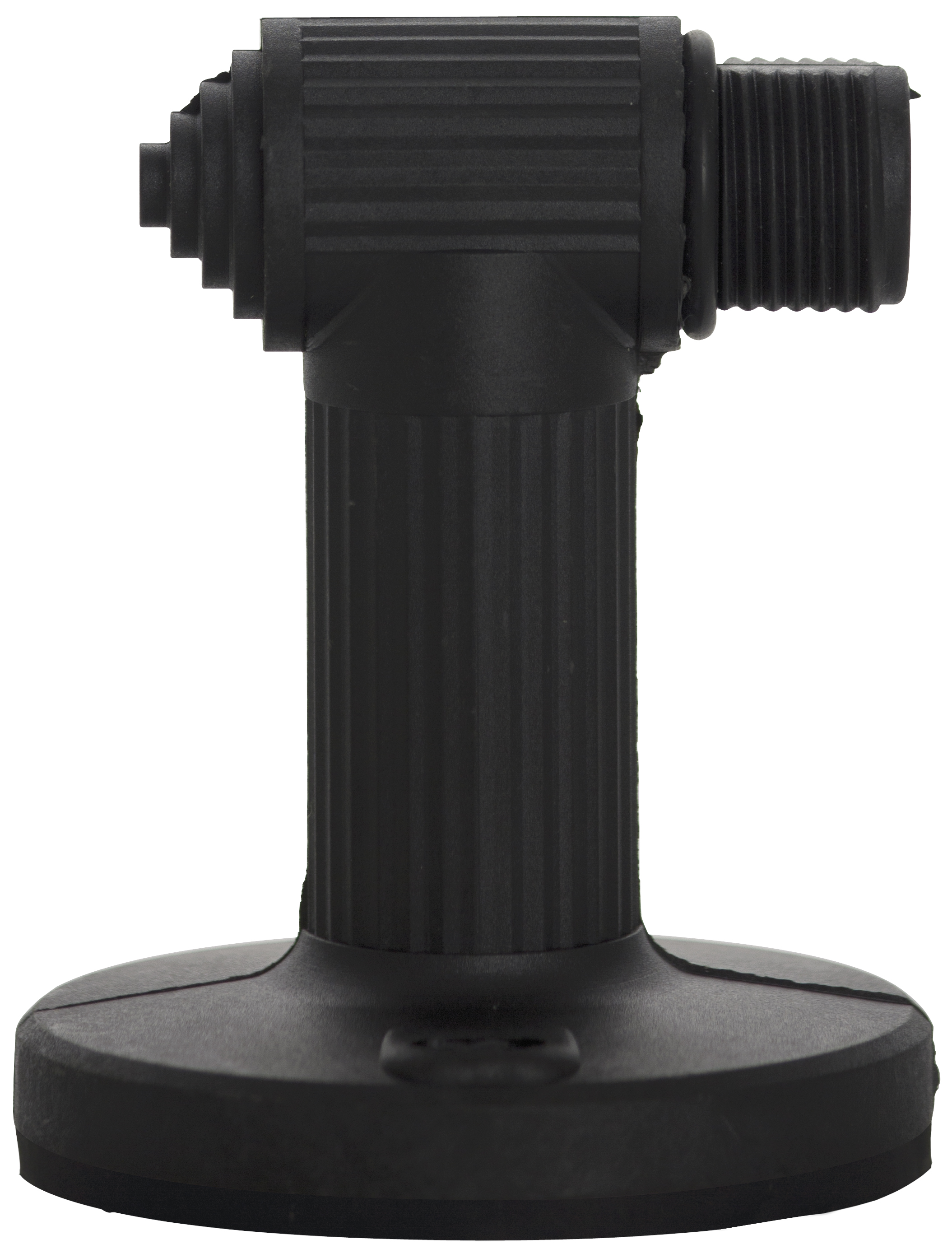 Schwarzer Montagewinkel mit runder Grundplatte, geriffeltem Steg und seitlichem Gewindeadapter zur Befestigung