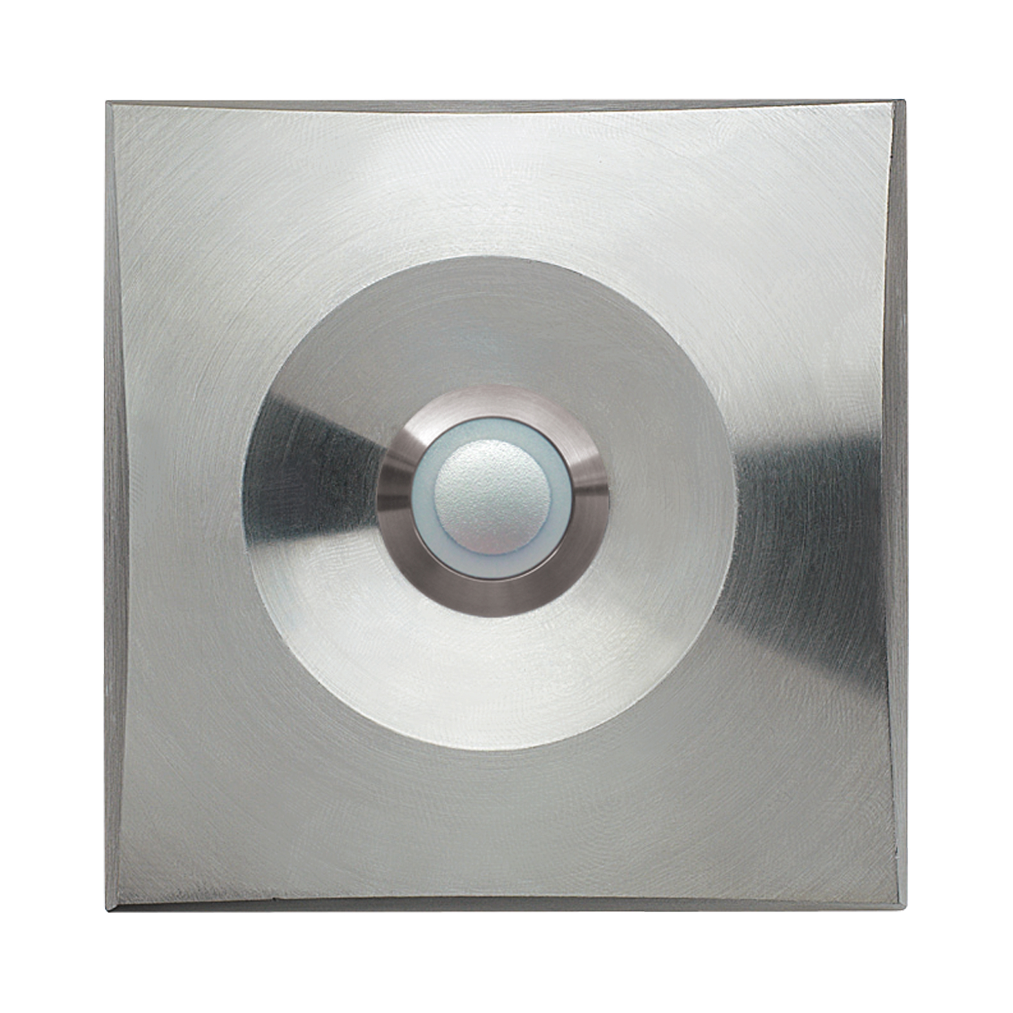 Quadratischer Klingeltaster aus Edelstahl mit zentralem Druckknopf und weiß beleuchtetem LED-Ring, frontal aufgenommen.