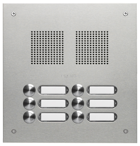 ROBUSTA Edelstahl-Türstation mit Namensschildern und Klingelknöpfen in zwei Reihen; darüber ist das Lautsprechergitter zu sehen