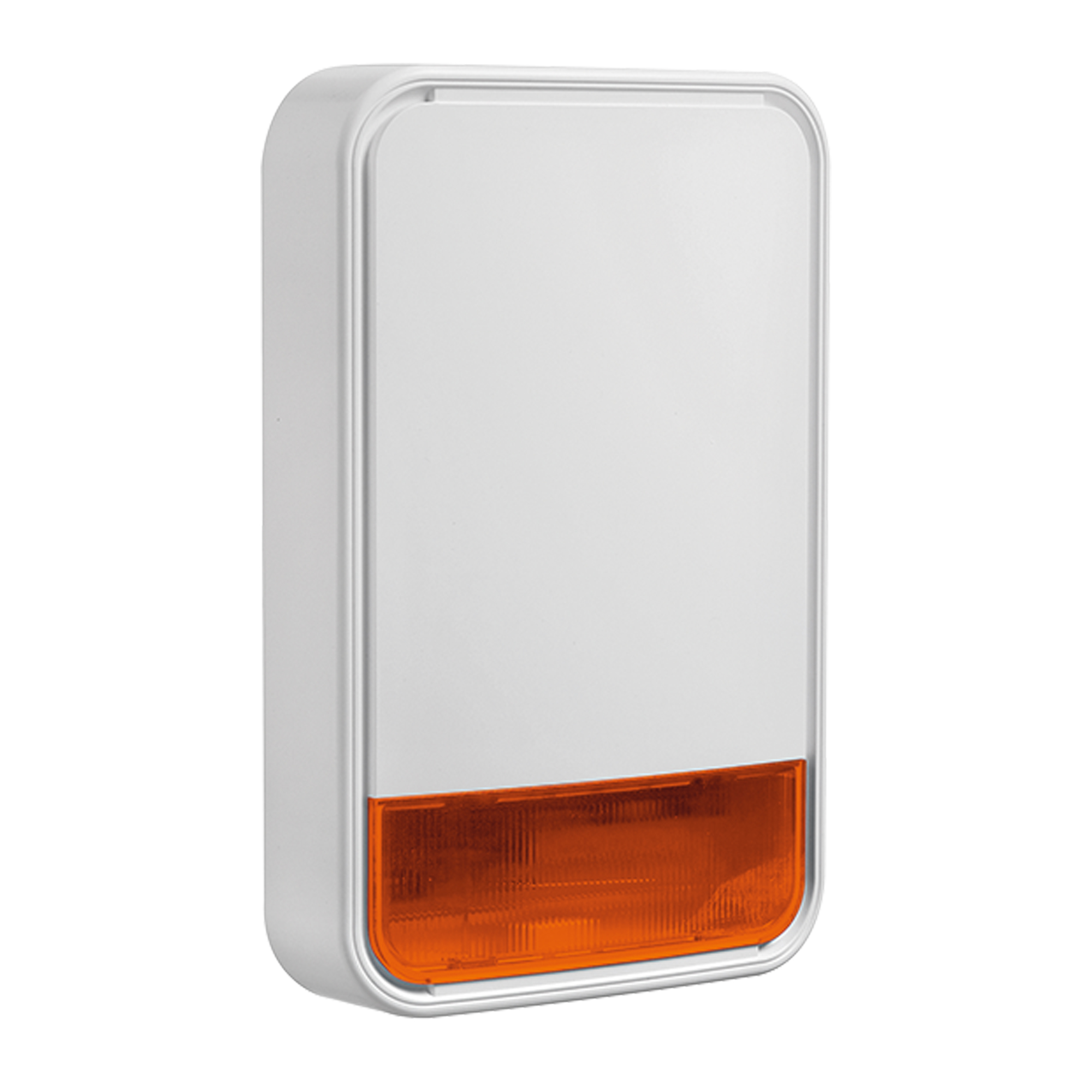 Rechteckige Außensirene in Weiß mit integriertem orangefarbenem Blitzlicht im unteren Bereich.