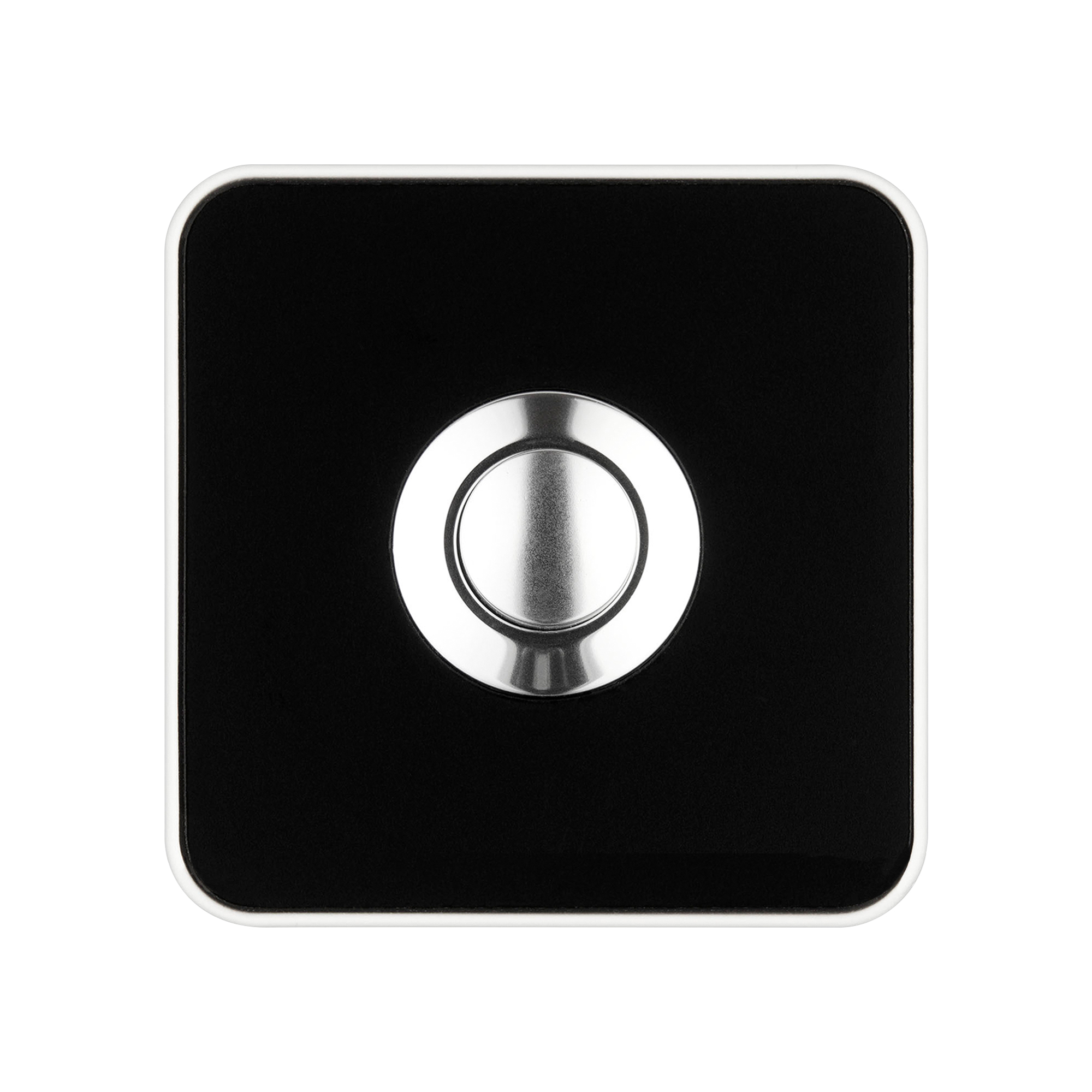 Quadratische Klingelplatte mit schwarzer Oberfläche und silberfarbenem Drucktaster, weißer Rahmen Frontansicht.