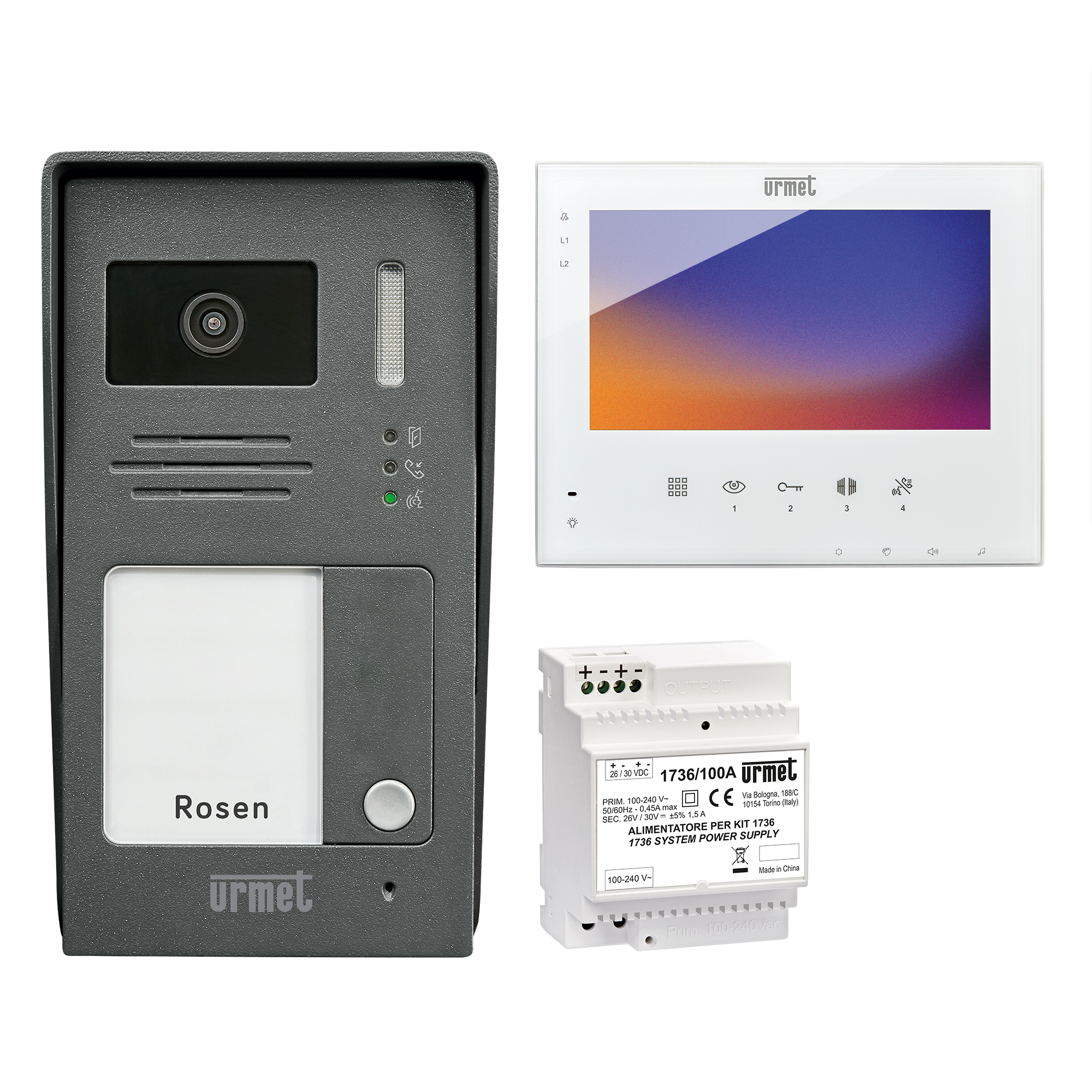 Set aus Türstation mit Kamera, Videomonitor mit Touchfeldern und Netzgerät, frontal nebeneinander angeordnet.