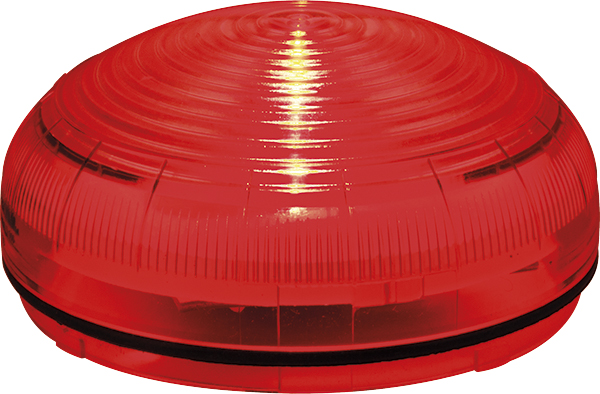 Kompakte LED-Warnleuchte mit roter Haube und horizontalen Leuchtringen