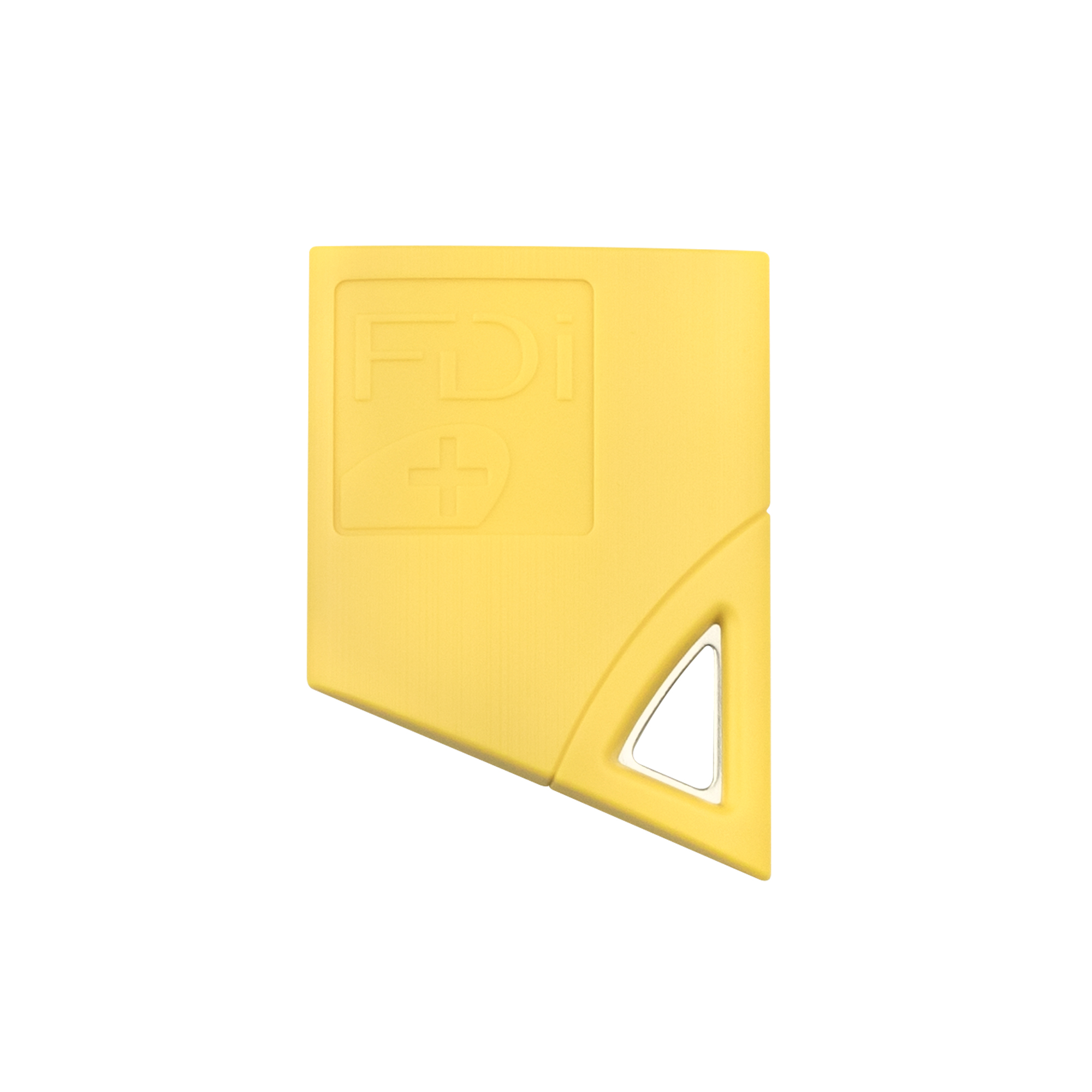 Gelber FDI-Näherungsschlüssel in kompakter, abgeschrägter Form mit eingeprägtem Logo und kleiner silberner Metallöse.