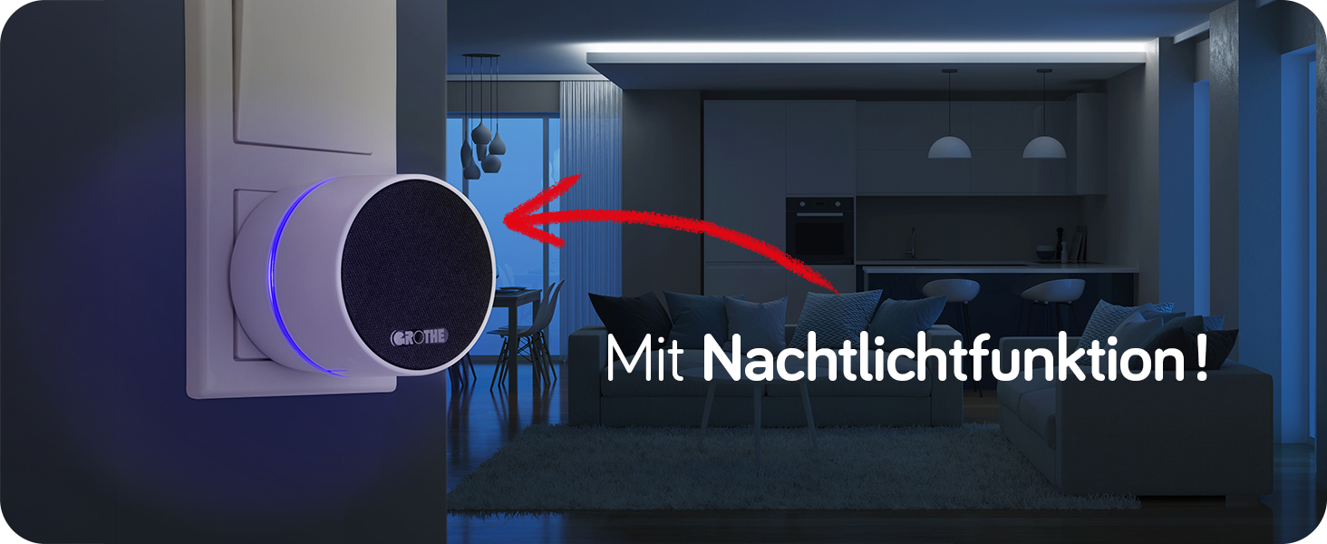 Der Steckdosen-Funkgong CALIMA 400 steckt in einer Steckdose an der Wand, rechts ist im Hintergrund ein Wohnraum im Halbdunkel; an einem Pfeil im Vordergrund steht "Mit Nachtlichtfunktion!"