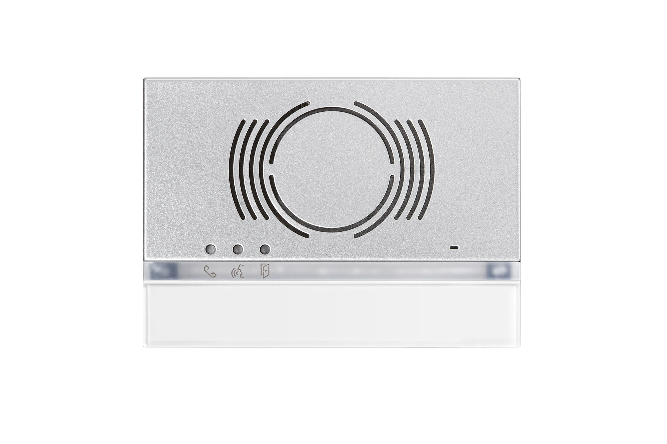 Audio-Türlautsprecher-Abdeckung in Silber mit runden Lautsprecherschlitzen, drei Status-LEDs und weißem Unterteil.