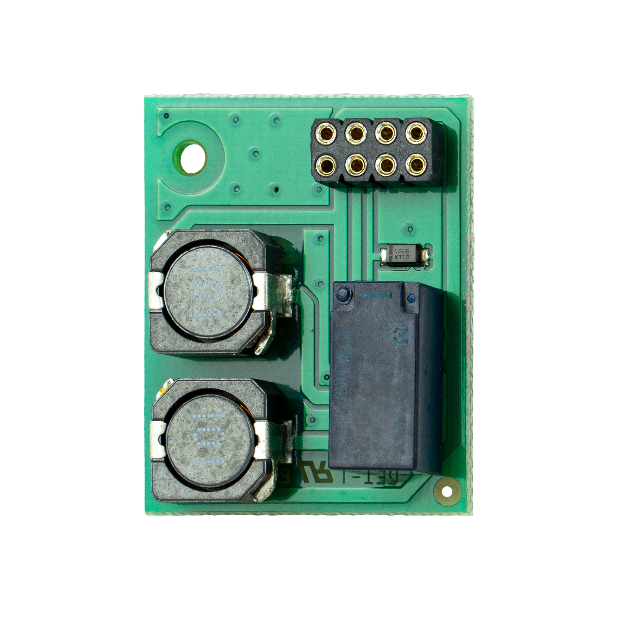 Grüne elektronische Platine mit zwei runden Spulen, schwarzem Relais und Anschlussleiste, rechteckige Form mit Schraubloch.