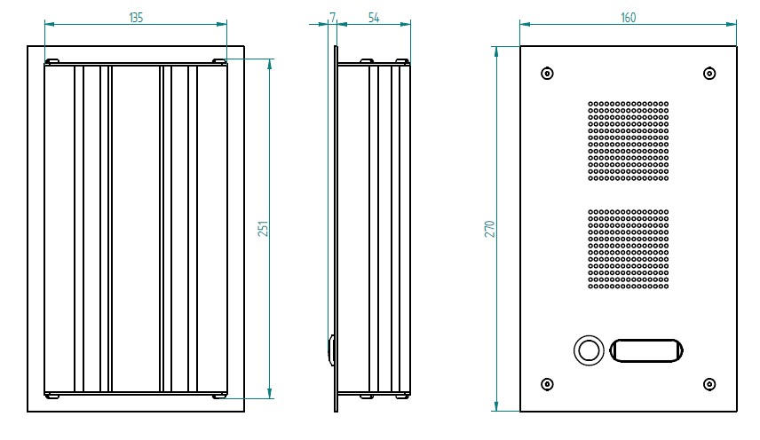 ROBUSTA Aluminium-Türstation mit einem Namensschild und Klingelknopf; darüber ist das Lautsprechergitter zu sehen