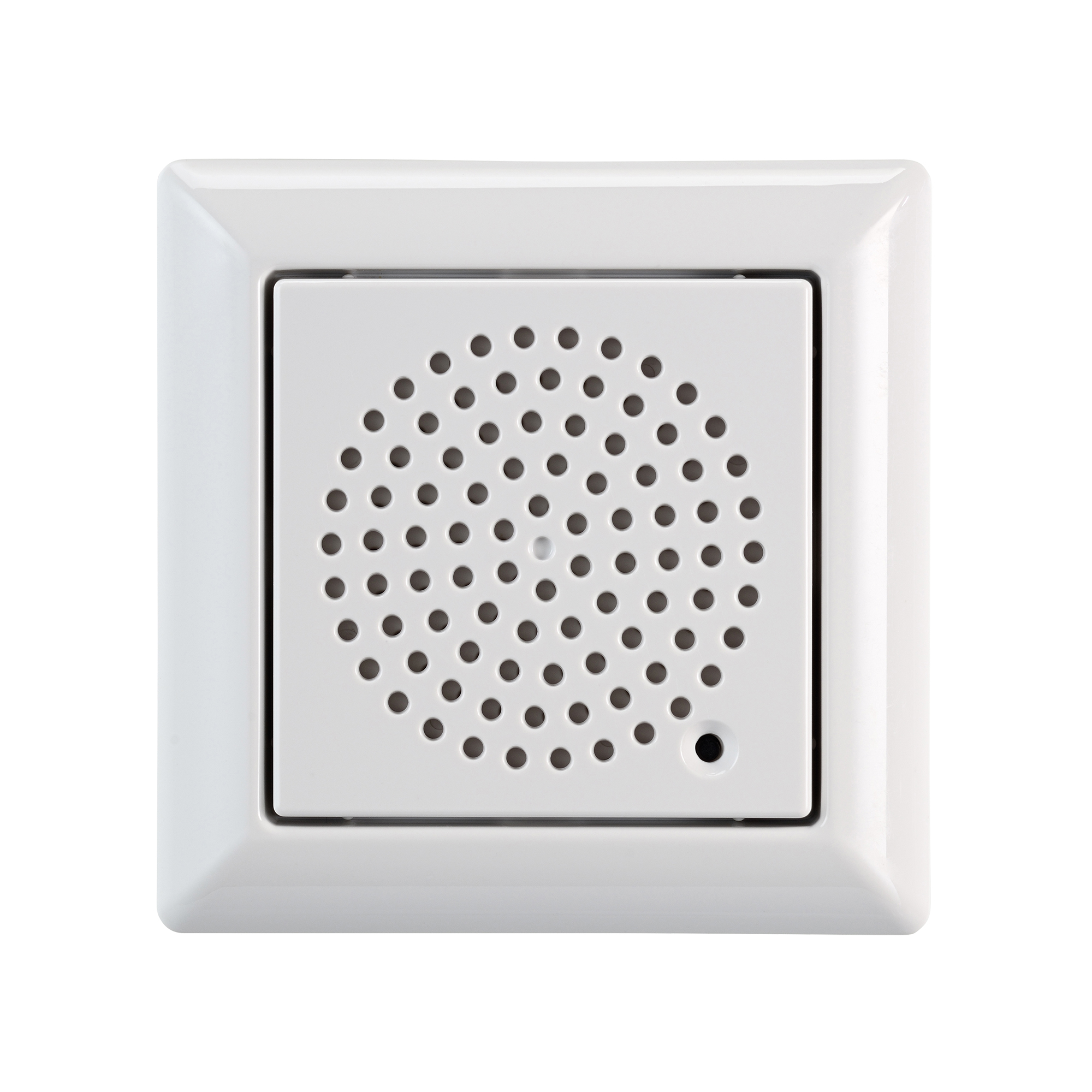 Weißer Elektronik-Gong zur Unterputzmontage mit quadratischer Front und gelochter Lautsprecherabdeckung, frontal gezeigt.