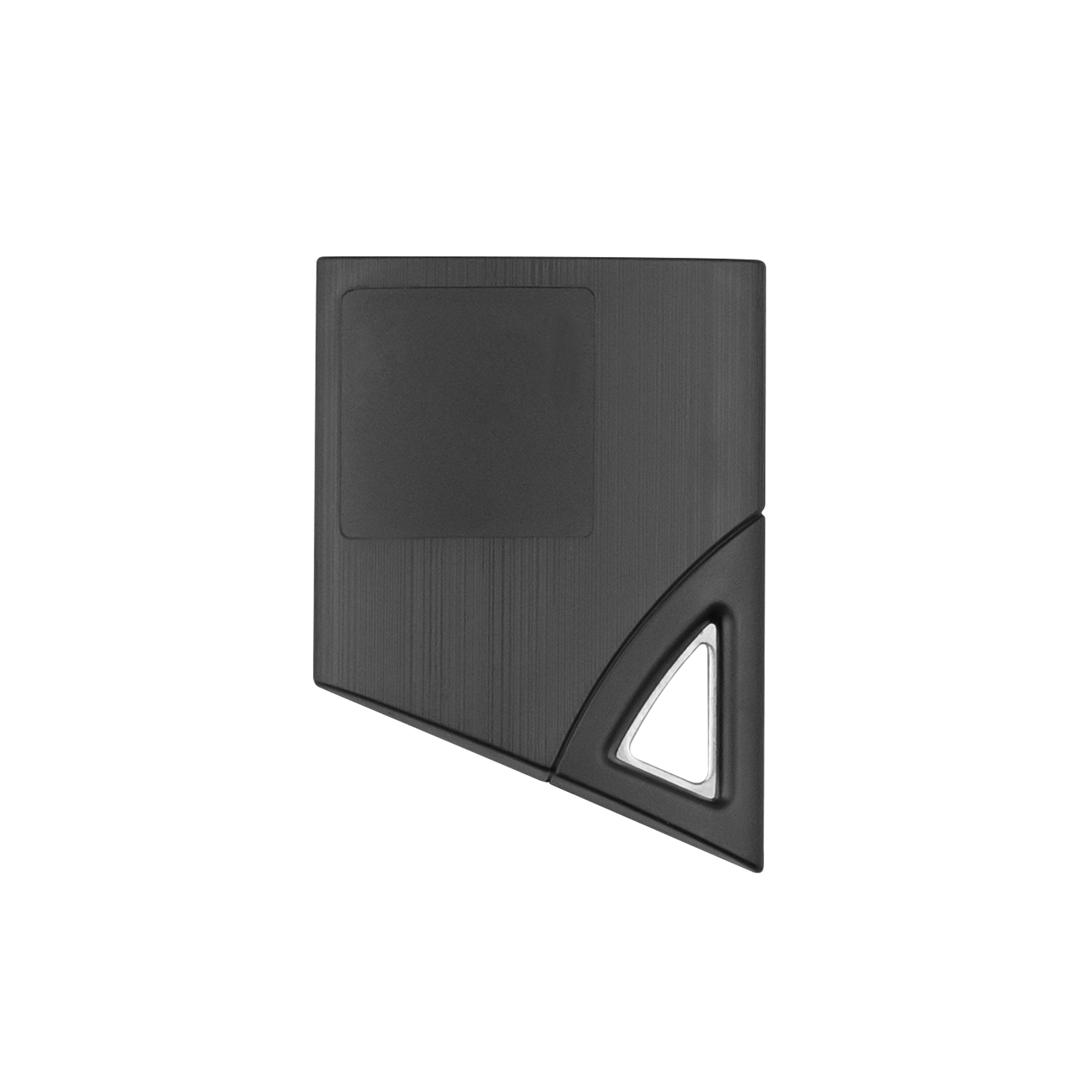 Schwarzer FDI-Näherungsschlüssel in kompakter, abgeschrägter Form mit eingeprägtem Logo und kleiner silberner Metallöse.