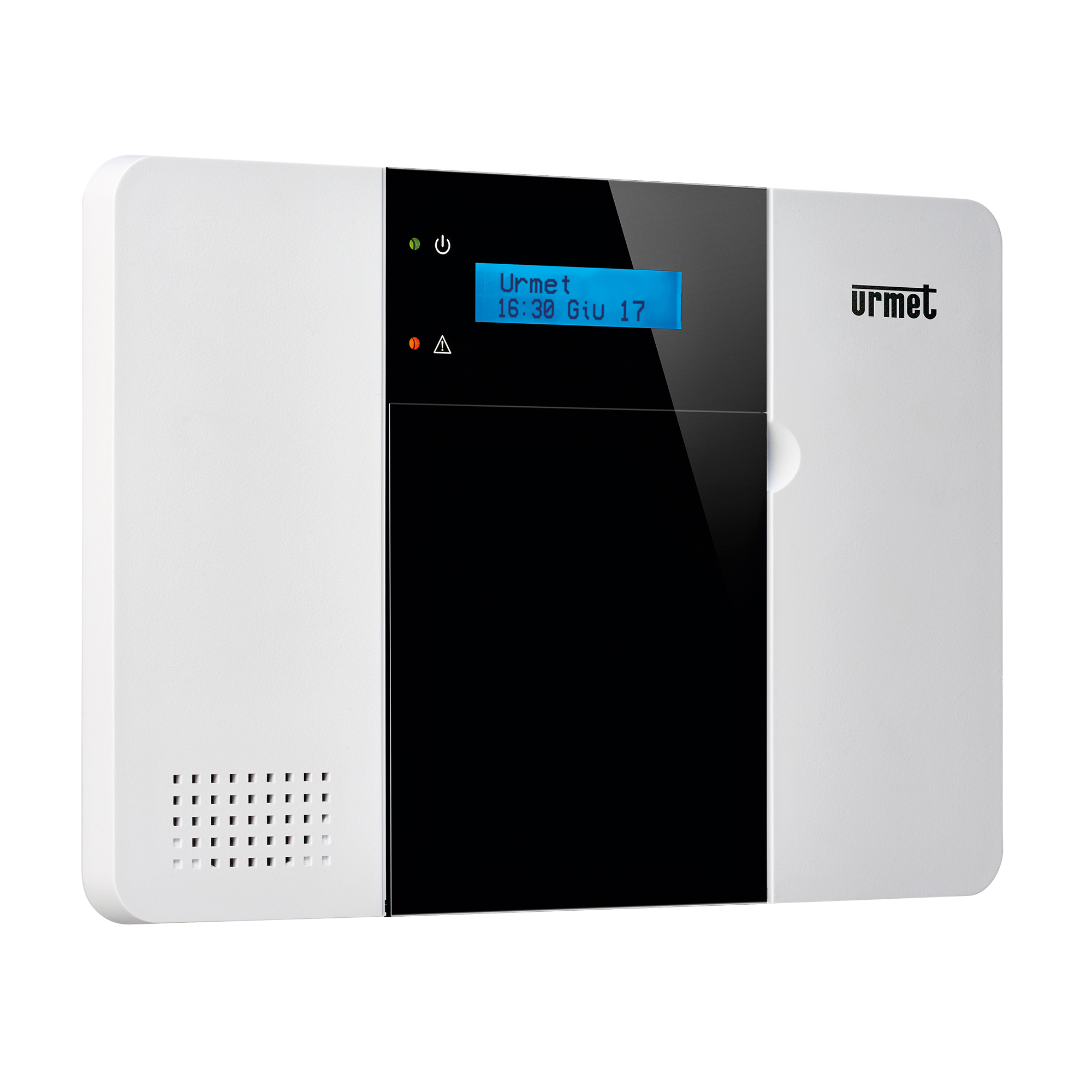 Moderne Alarmzentrale in Weiß mit schwarzem Bedienfeld und blauem Display. Zeigt Systemstatus und Uhrzeit.