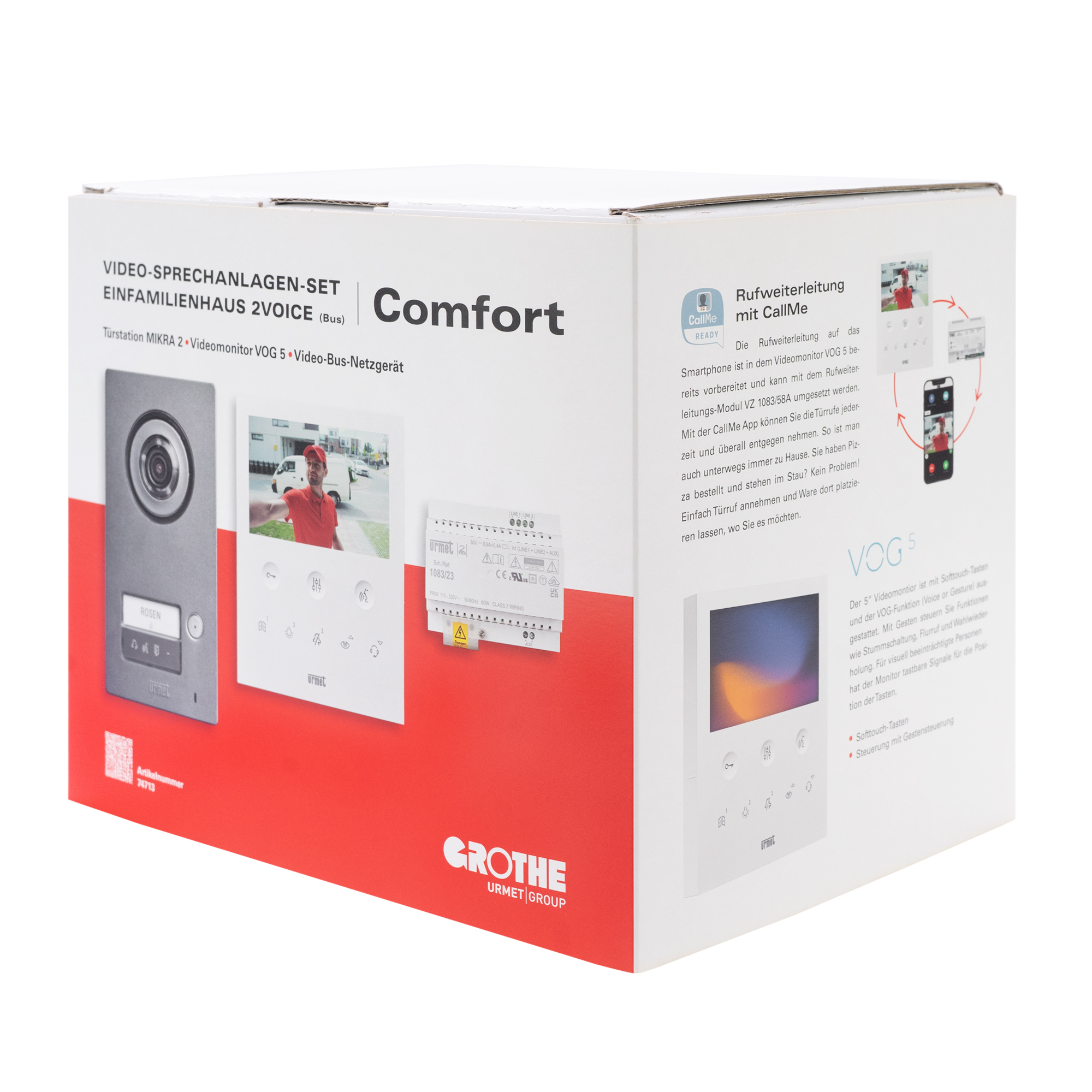 Produktverpackung des Comfort Set mit grauer Türstation MIKRA 2, Videomonitor VOG 5 und Video-Bus-Netzgerät.
