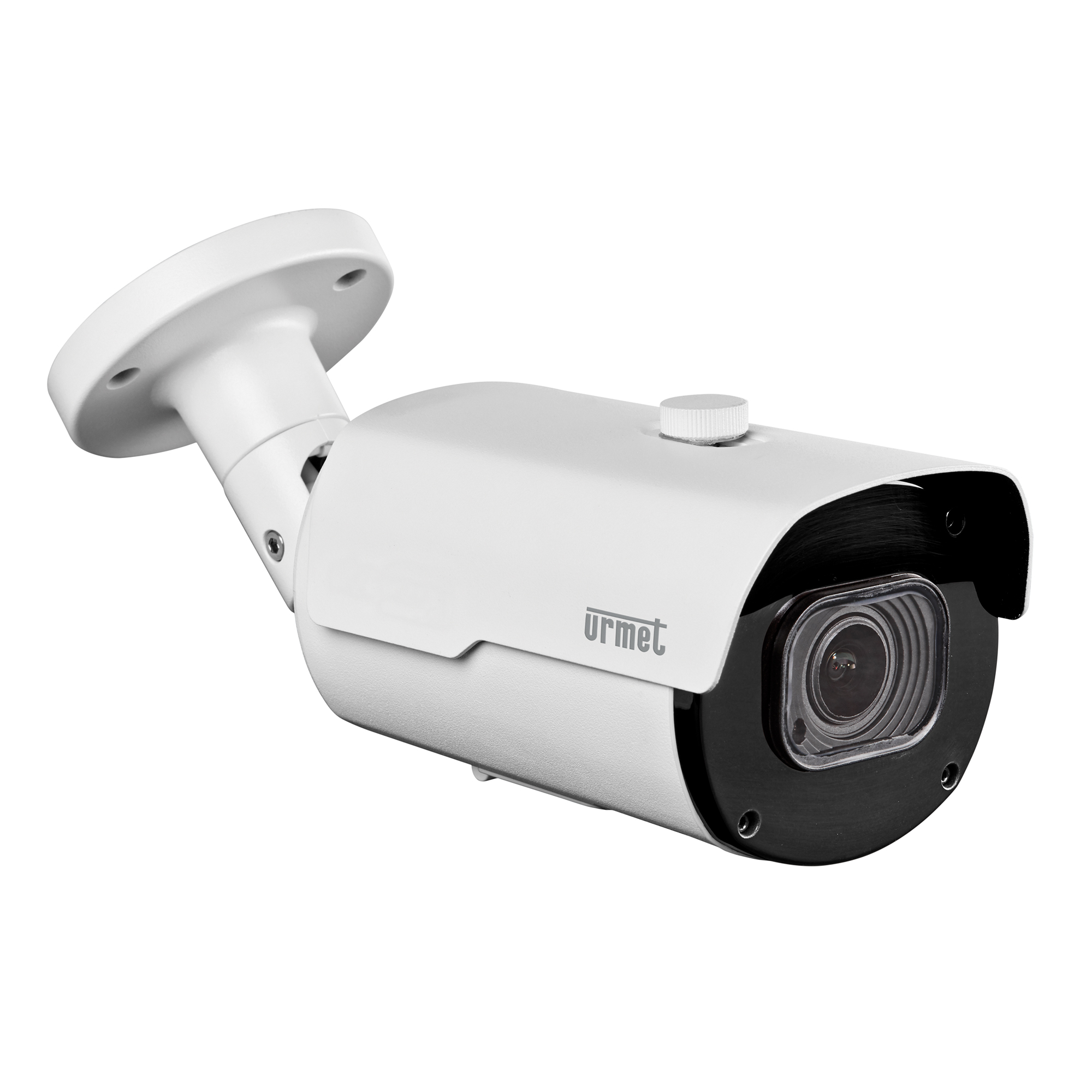 Wandmontierte Bullet-Kamera mit schwarzer Front, Schutzdach und Urmet-Logo