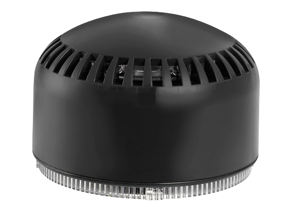 Schwarzer Schallgeber mit geripptem Gehäuse und transparentem Sockel zur akustischen Signalisierung.