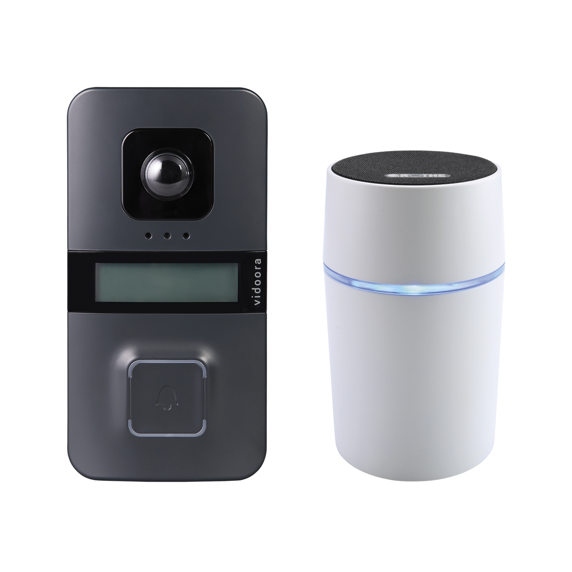 Vidoora Türstation in Anthrazit und der weiße Funkgong CALIMA 200E nebeneinander