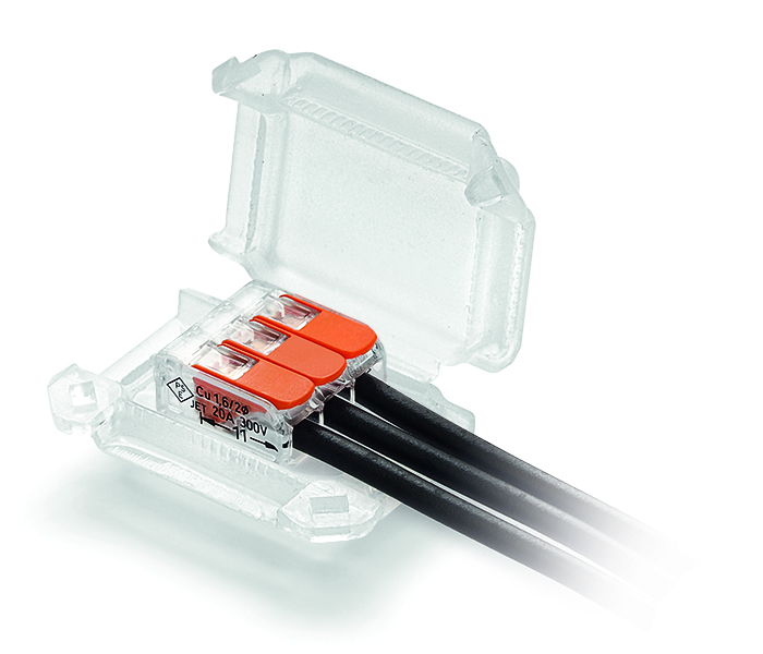 Raytech Verbindungsmuffe Happy Joint, in welche Klemmen mit Kabeln gelegt wurden