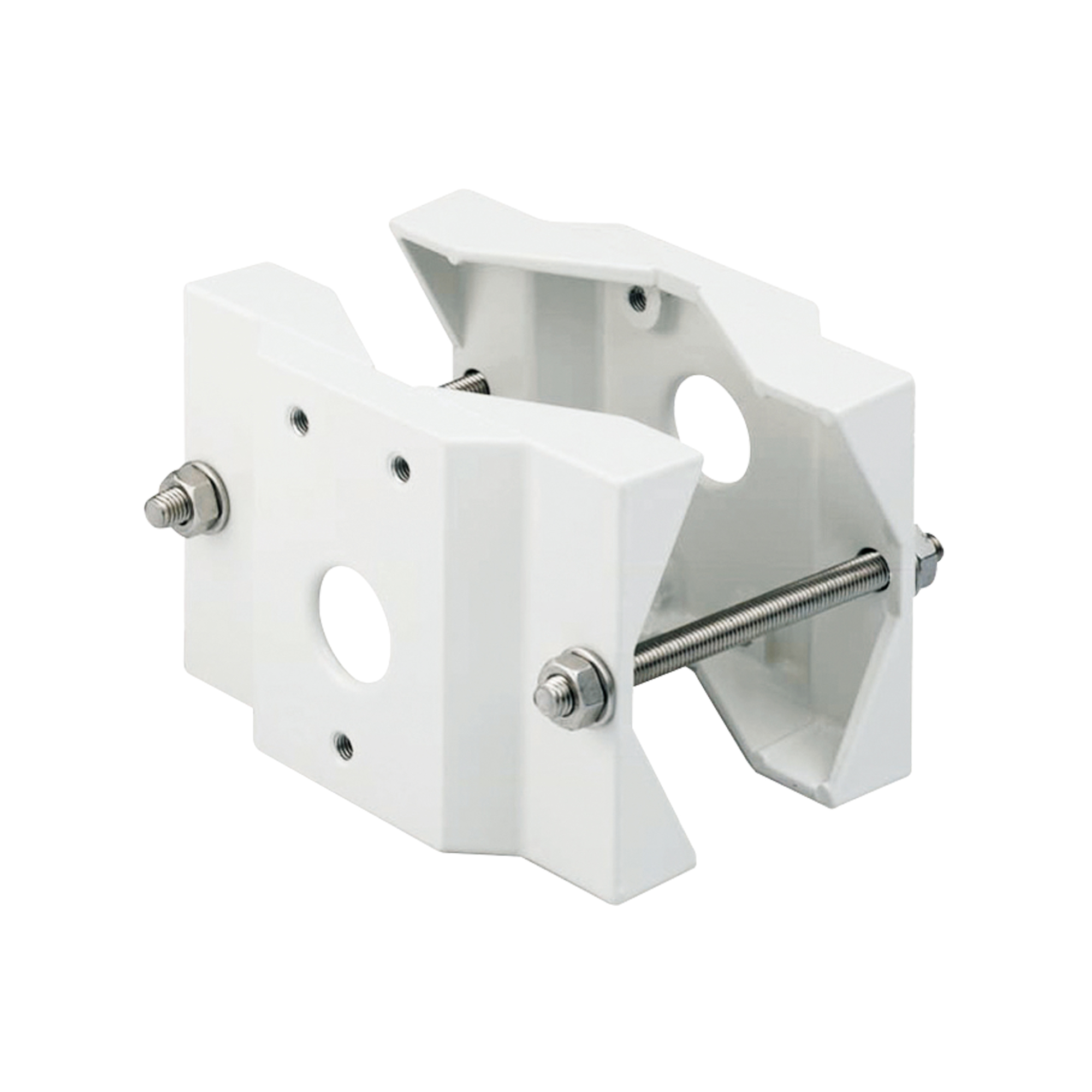 Weiße Mastbefestigung aus Metall mit Schraubgewinde und Befestigungslöchern, geeignet zur Montage von Kamerahalterungen an runden oder eckigen Masten.