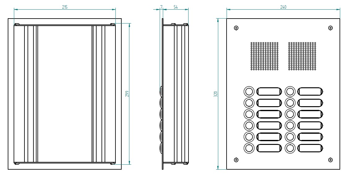 ROBUSTA Aluminium-Türstation mit Namensschildern und Klingelknöpfen in zwei Reihen; darüber ist das Lautsprechergitter zu sehen