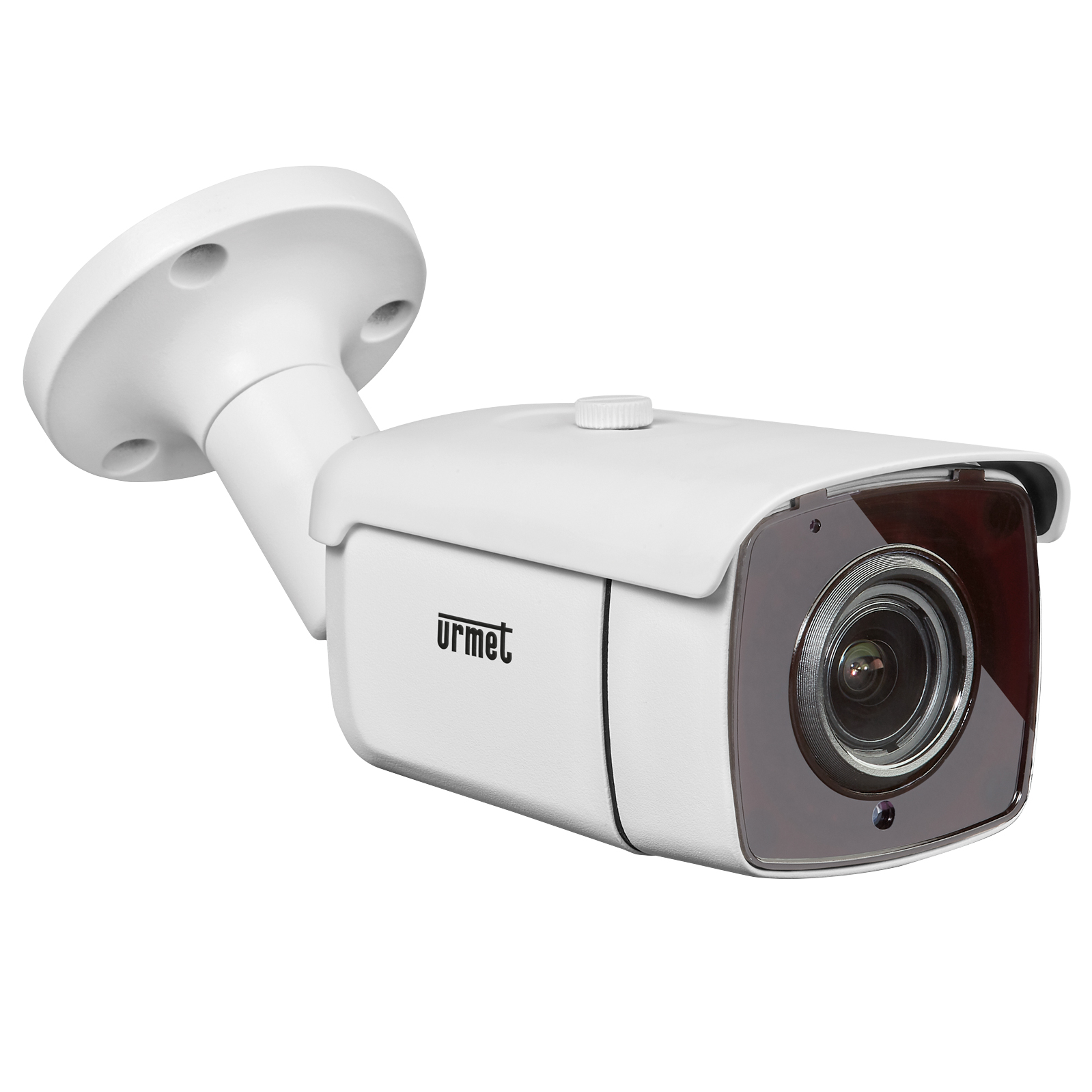 Weiße Urmet Überwachungskamera für den Außenbereich mit Wandhalterung, Wetterschutzdach und großem Objektiv.