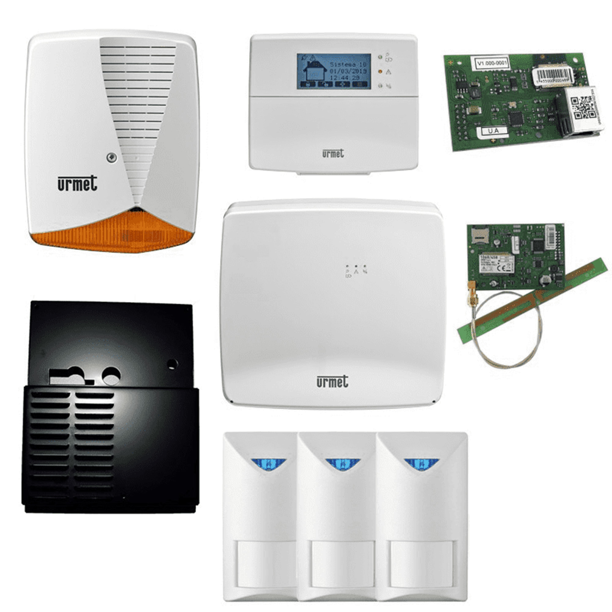 Alarmanlagen Set mit Alarmzentrale, Keypad, IP-Modul, GSM-Modul, 3 IR-Melder, Außensirene und eine Schutzeinrichtung.