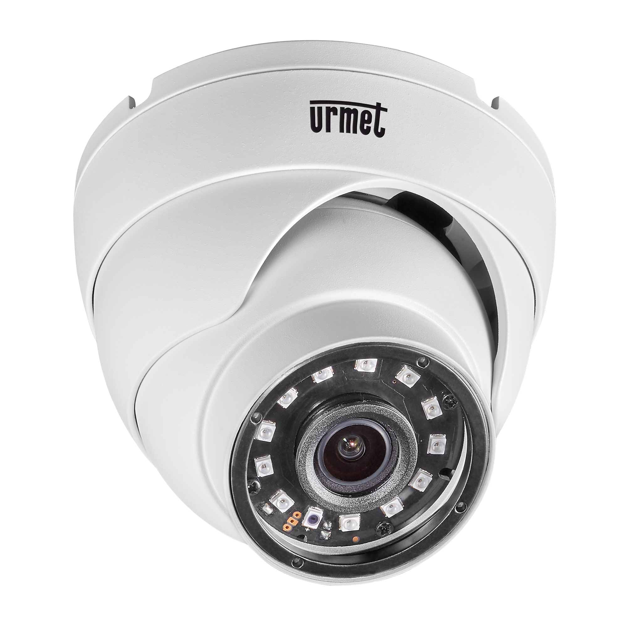 Weiße Urmet Dome-Kamera mit zentralem Objektiv und kreisförmig angeordneten Infrarot-LEDs für Tag- und Nachtüberwachung.