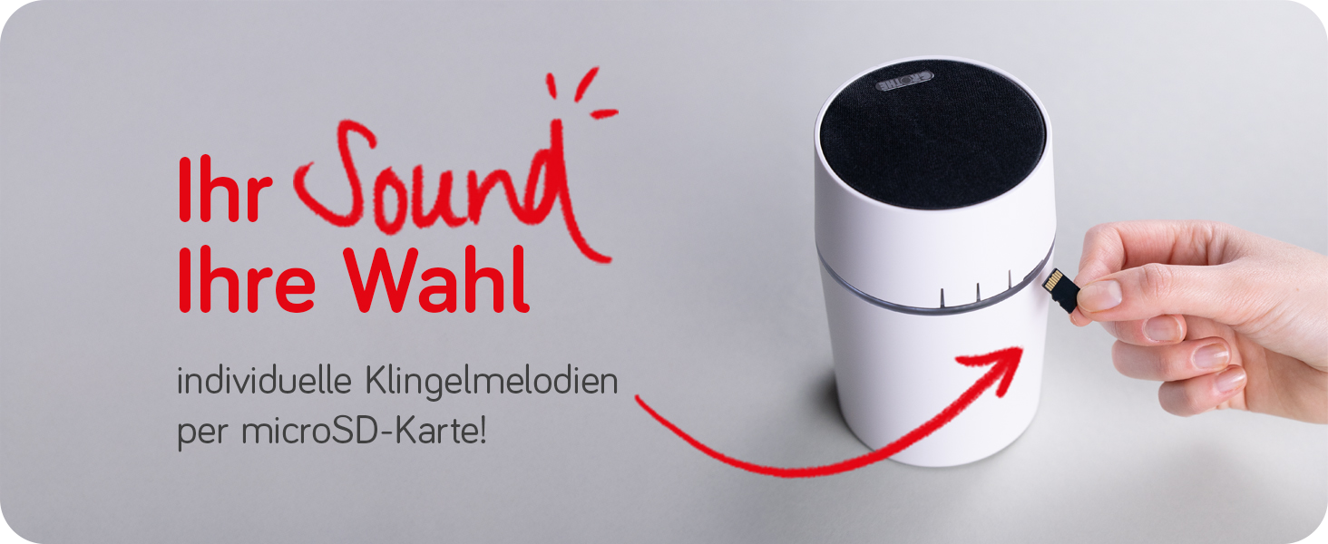 Der Funkgong CALIMA 600 ist von schräg oben zu sehen; eine Hand hält eine microSD-Karte an den Gong; links daneben steht "Ihr Sound, Ihre Wahl - individuelle Klingelmelodien per microSD-Karte!"