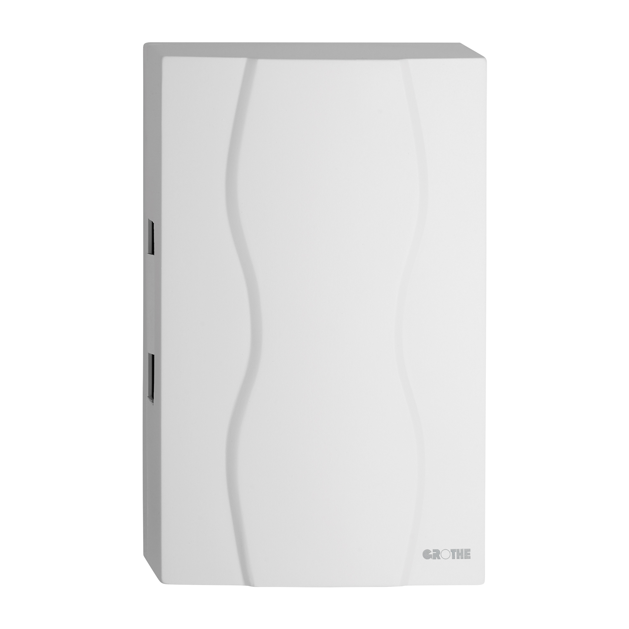 Weißer elektromechanischer Gong mit geschwungener Prägung auf rechteckigem Gehäuse, Grothe-Logo unten rechts platziert.