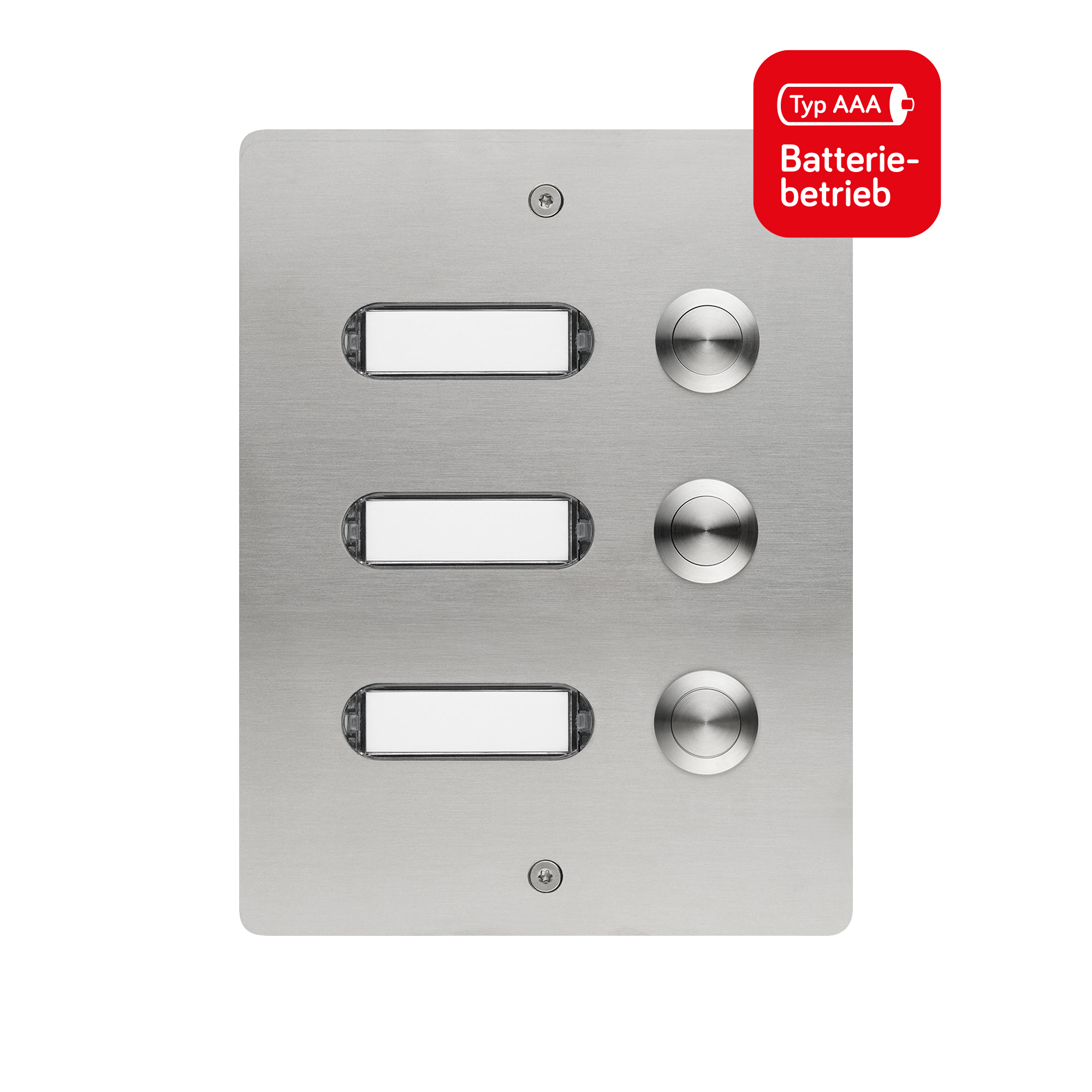 Edelstahlplatte mit drei Namensschildern links und drei runden Tastern rechts, symmetrisch angeordnet.