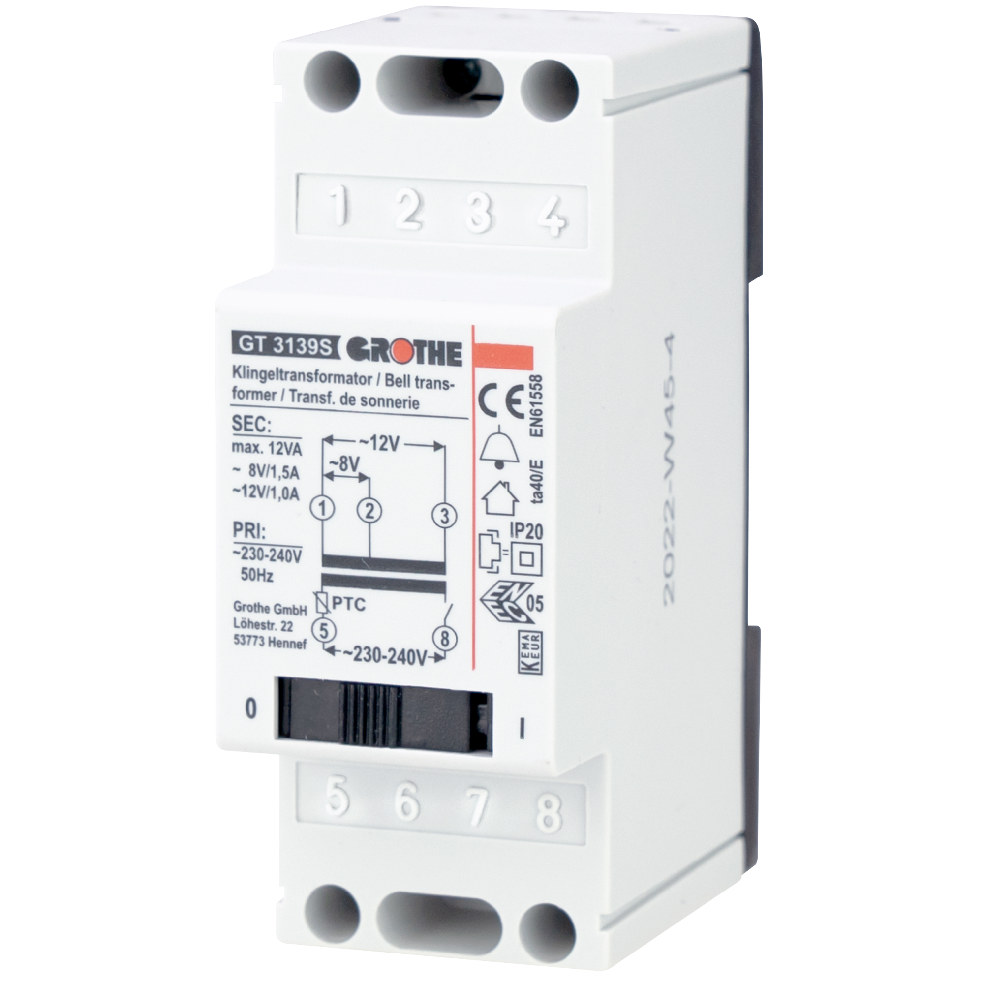 Sicherheitstransformator GTN 3139 S von Grothe im Hutschienengehäuse mit Anschlussklemmen und Schaltbild in Schrägansicht
