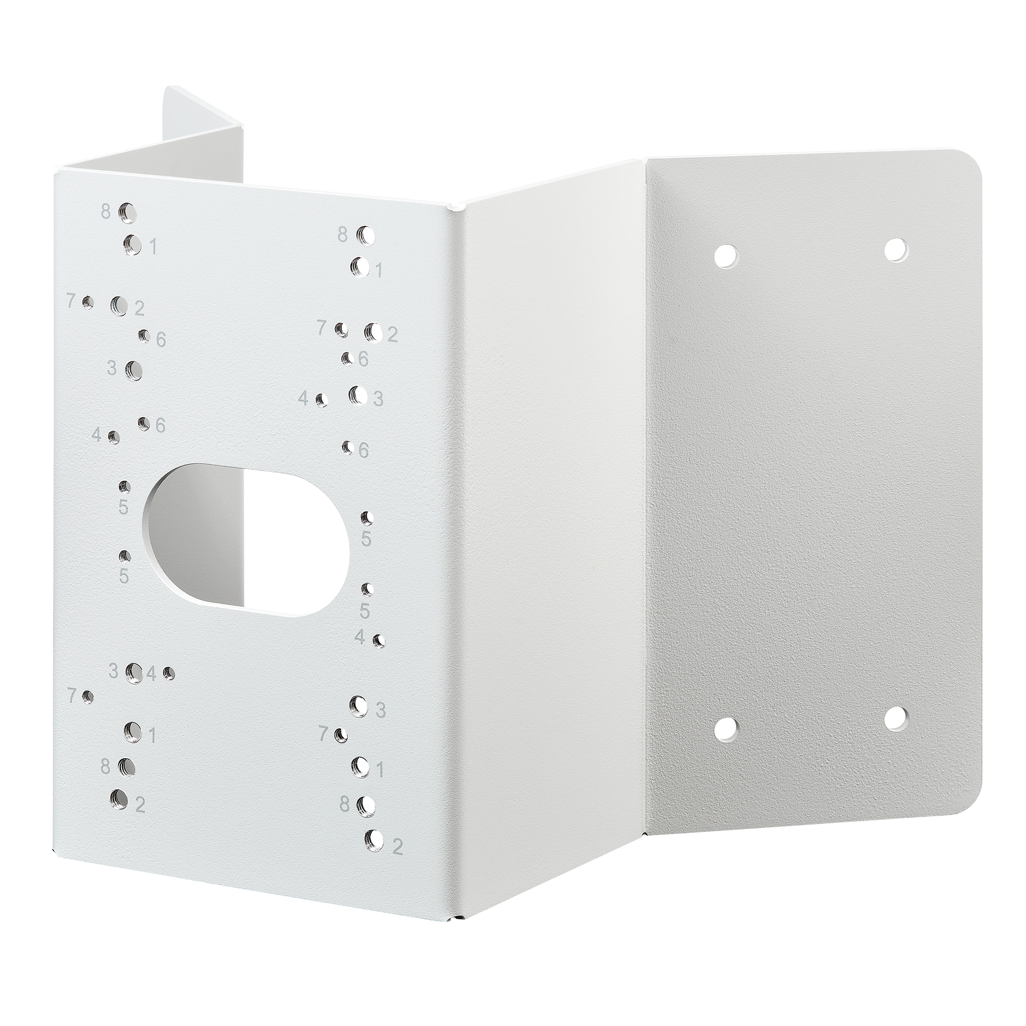 Weißer Eckadapter aus Metall mit vielen Bohrungen und ovaler Kabeldurchführung zur Montage von Kameras an Gebäudeecken