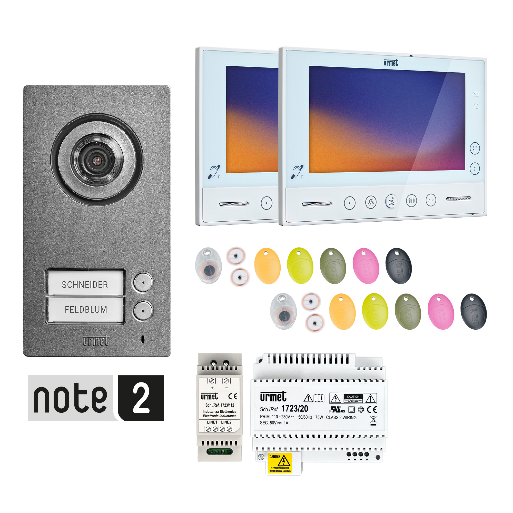 Set mit 2-fach Türstation, zwei 7"-Videomonitoren, Netz- und Steuerteil sowie mehreren farbigen Transponder-Schlüsseln.