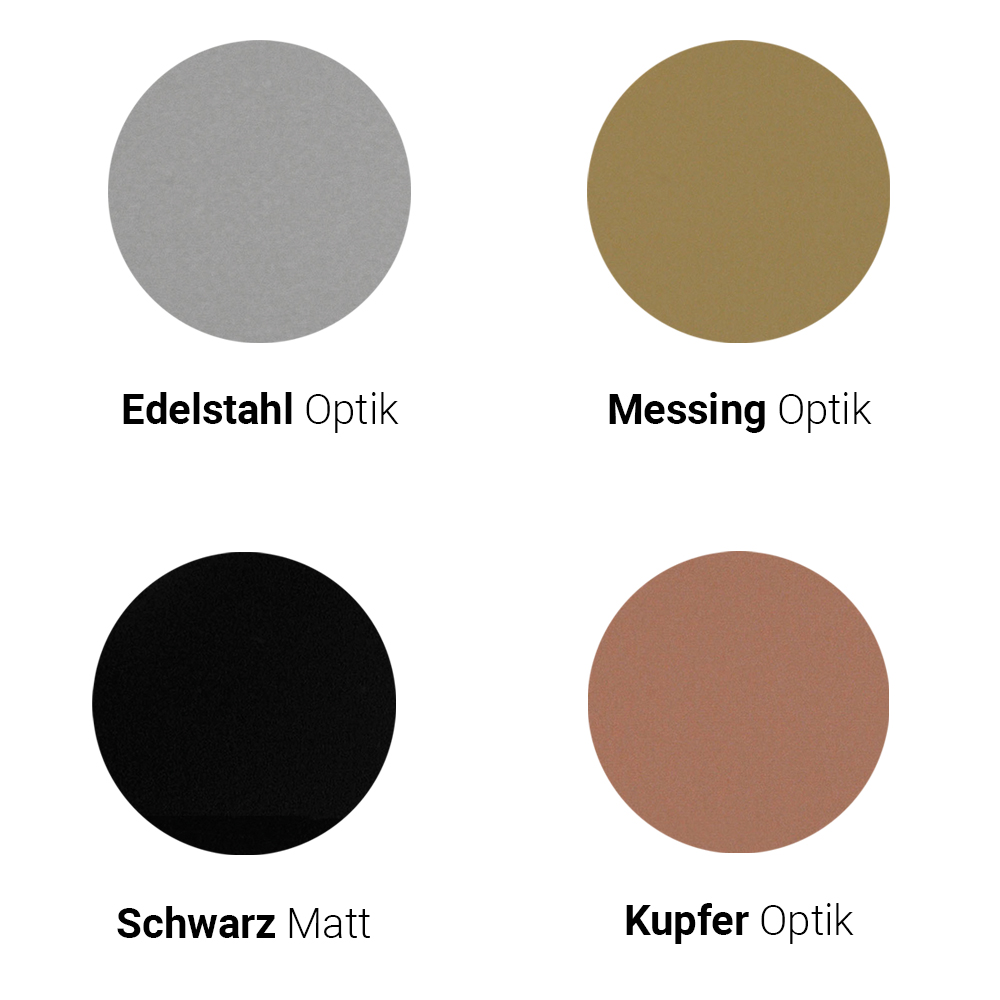 Die vier Farben der Piccolo-Serie neben- und untereinander in Kreisform: Edelstahloptik, Messingoptik, Schwarzmatt, Kupferoptik. Die Farben sind darunter in Textform benannt