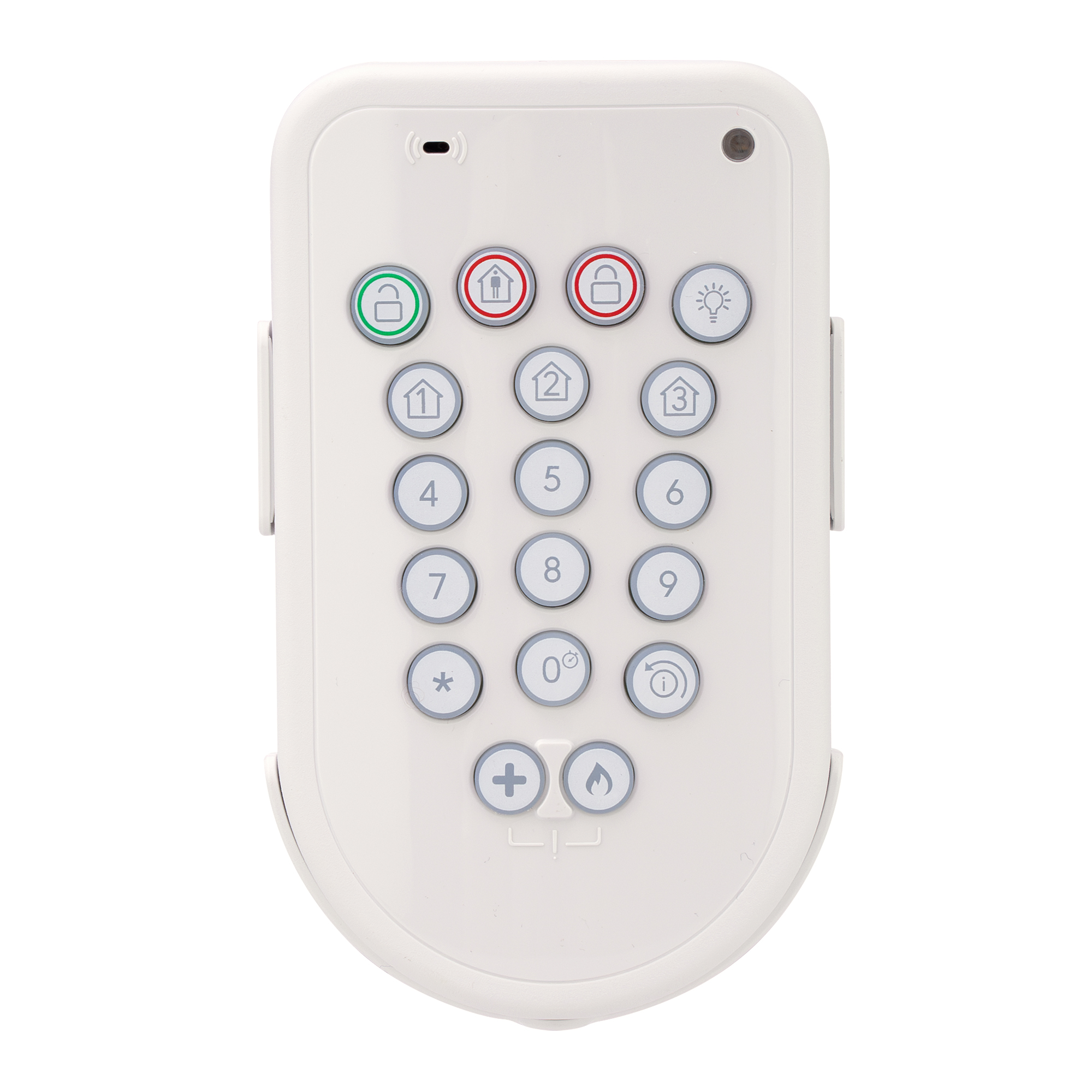 Weißes Funk-Bedienteil mit nummerischer Tastatur und Symboltasten zur Steuerung eines Alarmsystems.