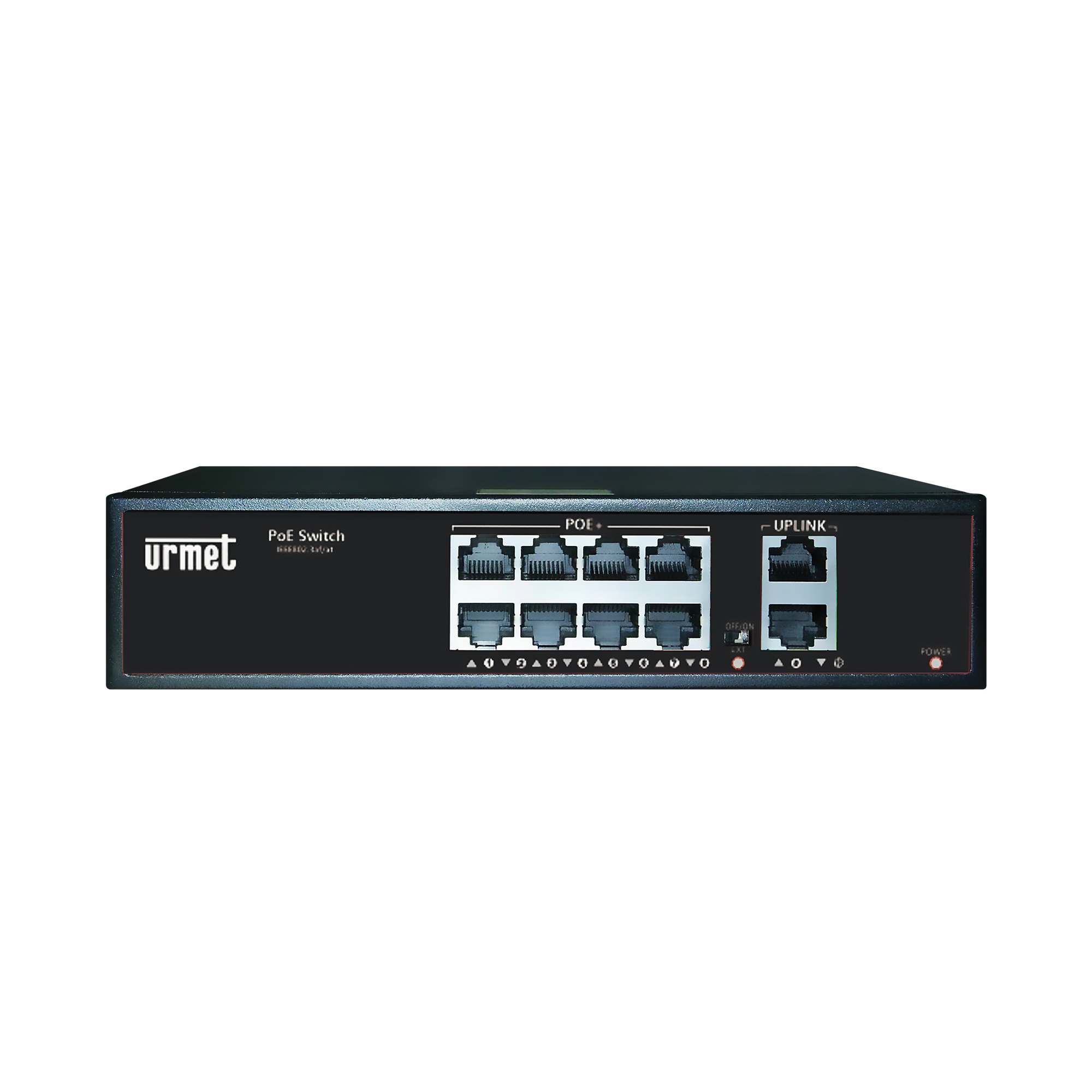 Schwarzer PoE-Switch mit acht Ethernet-Ports und zwei Uplink-Ports, frontal aufgenommen