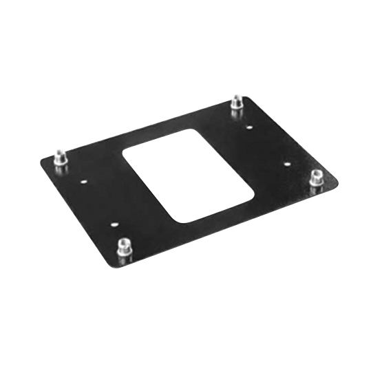 Schwarze Bodenplatte mit vier Befestigungsschrauben und vier alternativen Montagelöchern.
