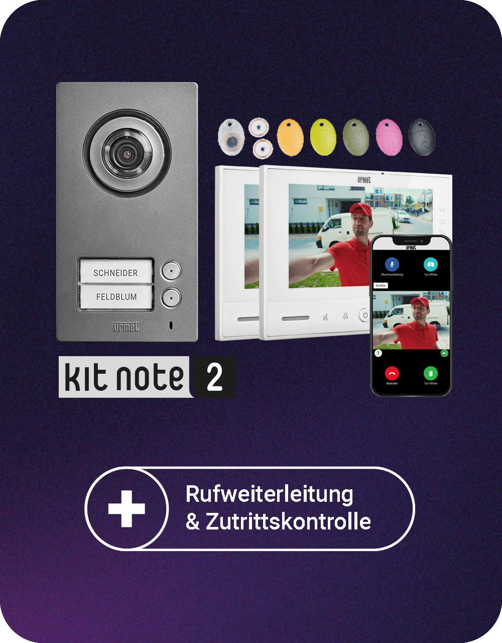 Video-Türsprechset Kit Note2 Zweifamilienhausmit MIKRA Türstation,zwei Videomonitoren VMODO, Näherungsschlüsseln und Smartphone-Display, welches, genau wie der Videomonitor das Videobild  mit einem Essenslieferanten vor der Tür zeigt; darunter steht "Rufw