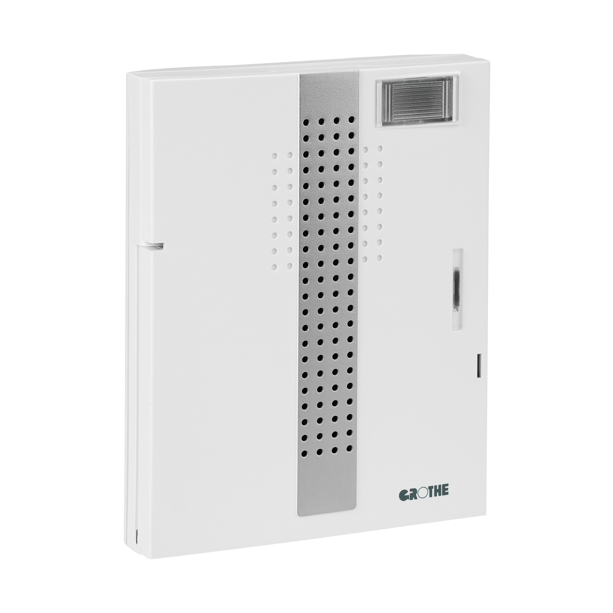 Weißer Gong mit silberner Gitterfläche, Blitzlicht oben rechts und Grothe Logo unten rechts, leicht schräge Frontalansicht.