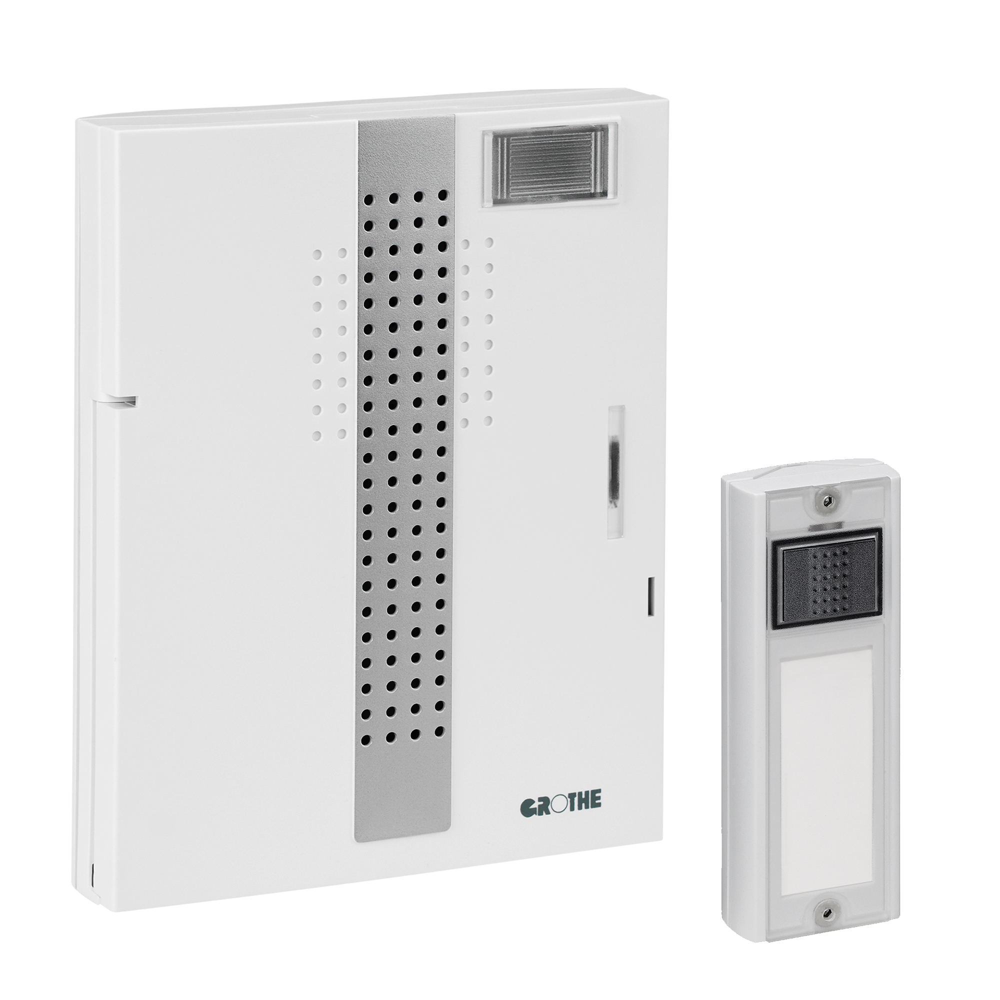 Funkgong-Set mit weißem Gong, silberner Gitterfläche, Blitzlicht oben rechts und passendem Funktaster, leicht schräge Frontalansicht.