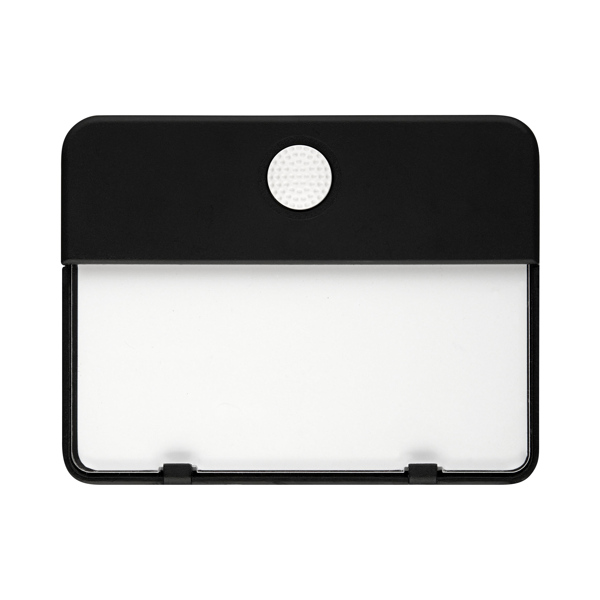 Schwarze Klingelplatte mit großem, beschriftbarem Namensfeld und weißer Taste mittig oben, frontal fotografiert.