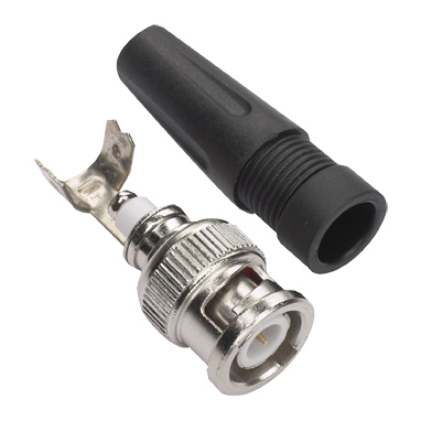 Zweiteiliges BNC-Steckerset bestehend aus Metallstecker und schwarzer Kunststoff-Tülle