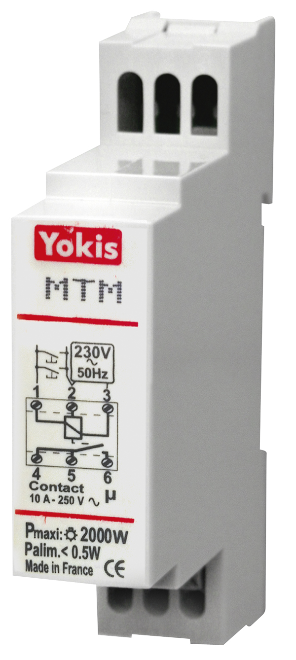 Treppenlicht-Zeitschalter für Hutschiene mit 230 V/50 Hz, 2000 W, Anschlussklemmen oben/unten, Schaltschema auf Vorderseite.
