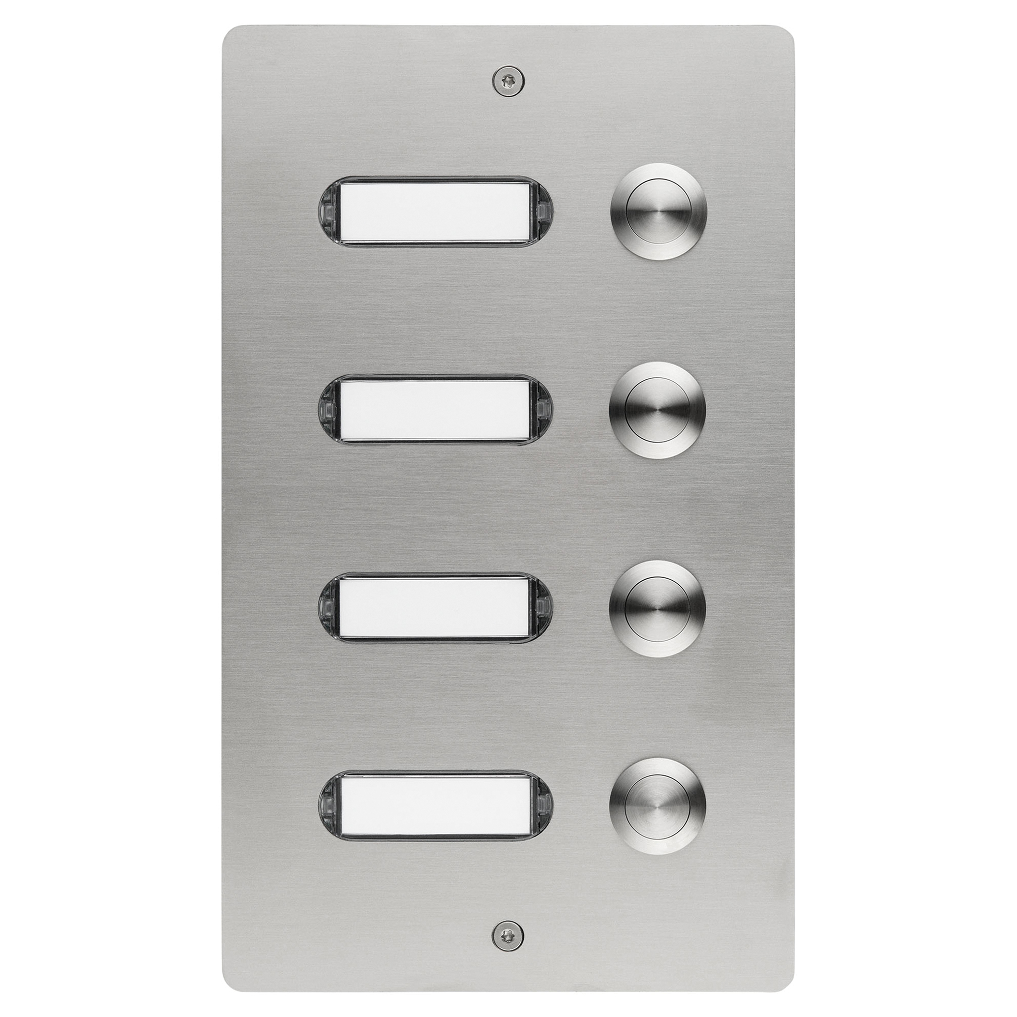 Edelstahlplatte mit vier Namensschildern links und vier runden Tastern rechts, symmetrisch angeordnet.