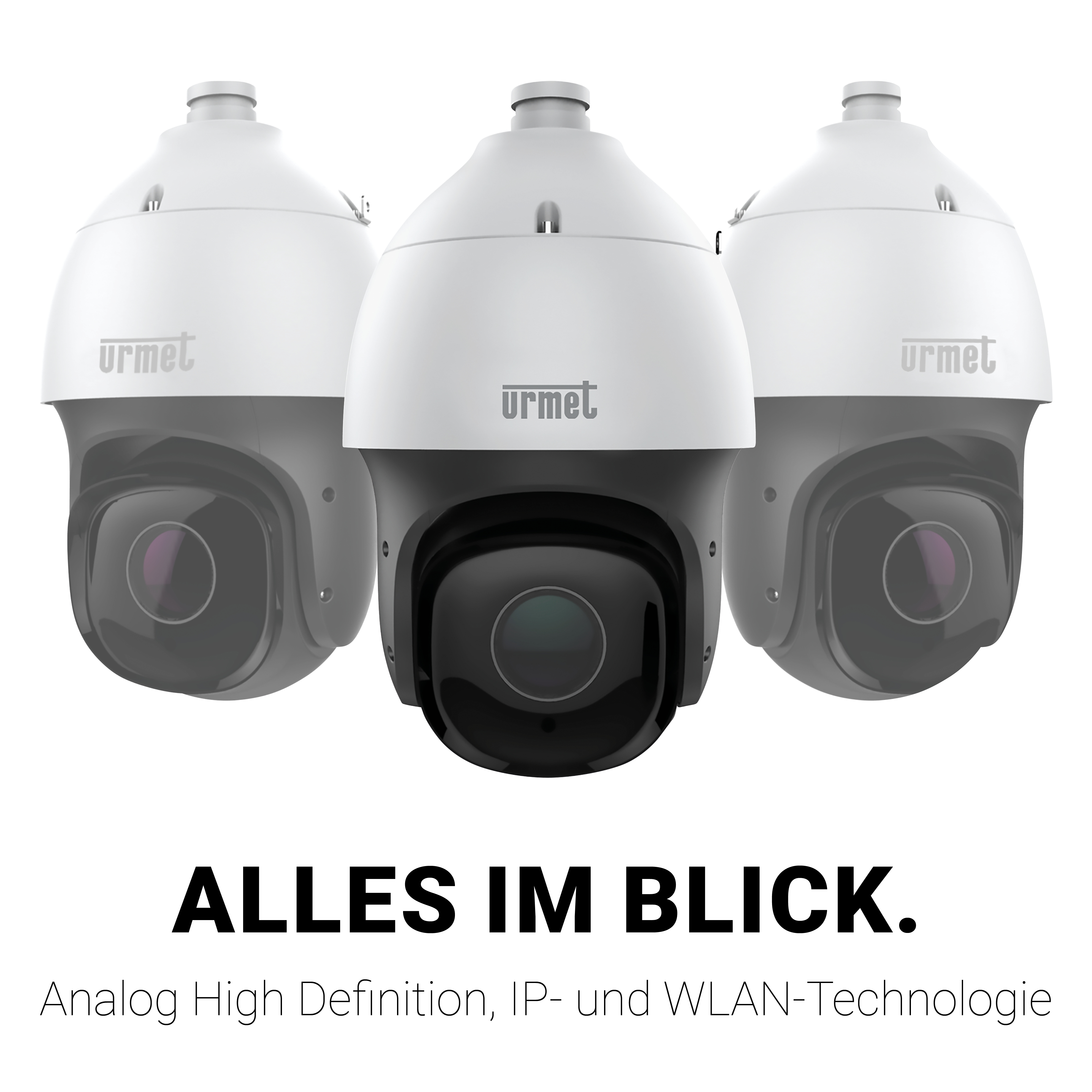 Drei gleiche PTZ-Kameras nebeneinander; Schrift: "Alles im Blick. Analog High Definition, IP- und WLAN-Technologie"