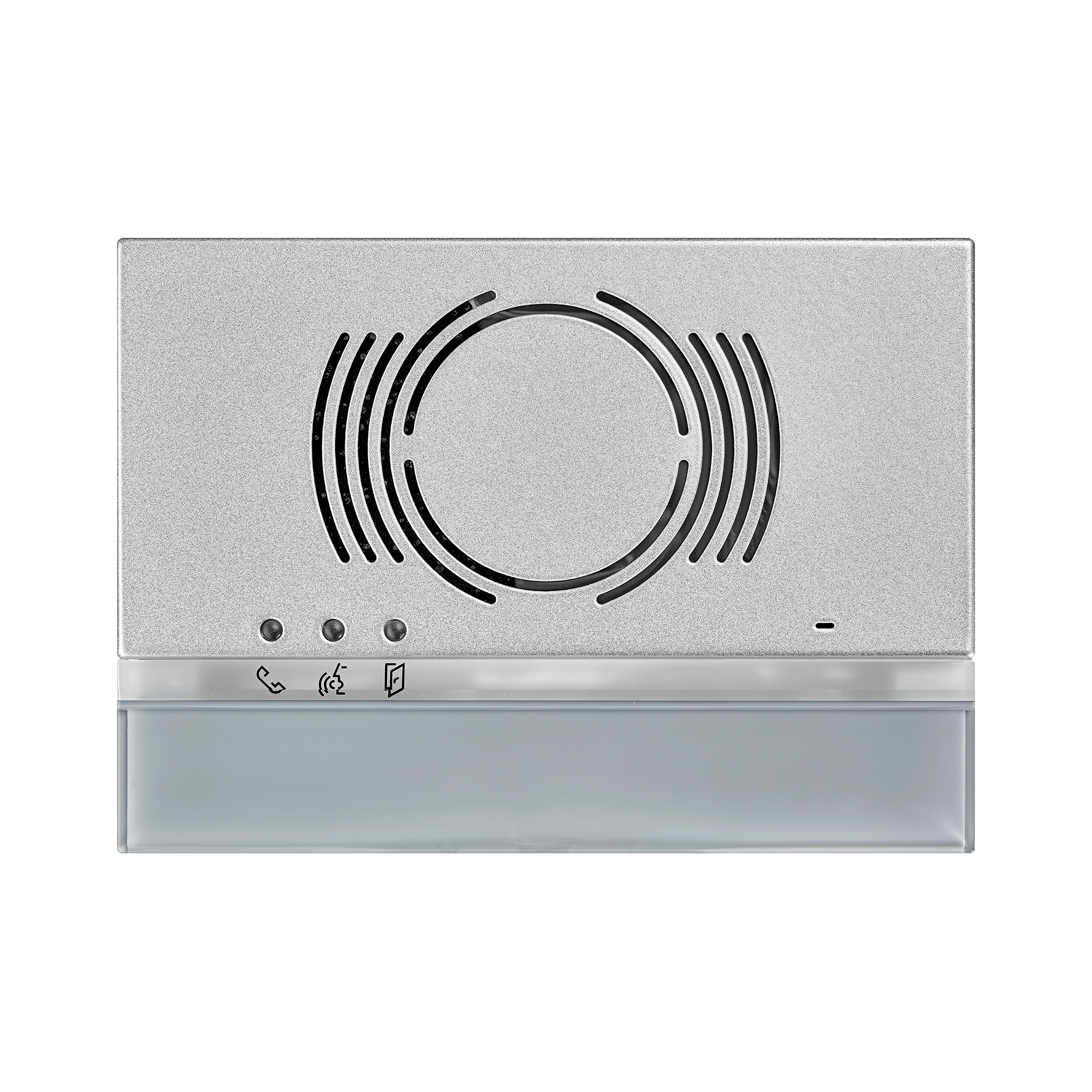 Silberne Audio-Türlautsprecher-Abdeckung mit runden Lautsprecherschlitzen, drei Status-LEDs und grauem Unterteil.