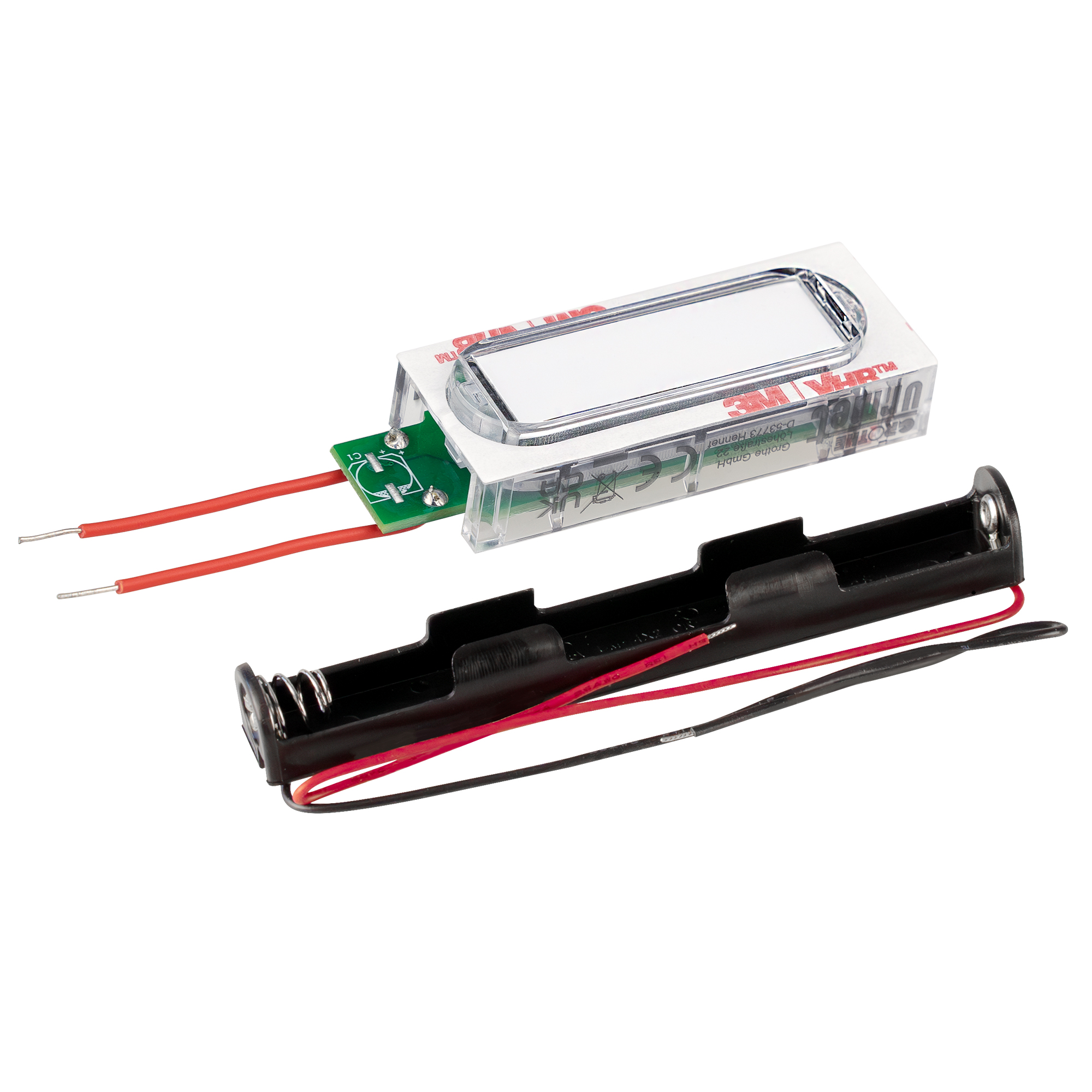 Funksender im transparenten Namensschildgehäuse mit Anschlusskabeln und Batteriefach zur Stromversorgung durch Batterien.