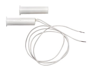 Weißer Einlass-Magnetkontakt mit rundem Gehäuse und Anschlusskabel