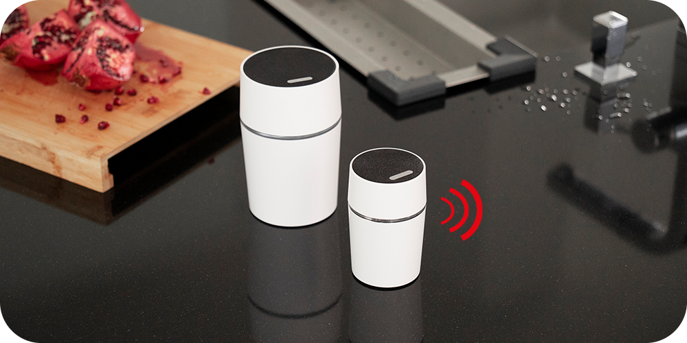 Die Funkgongs CALIMA 200 und CALIMA 600 stehen nebeneinander auf einer Küchenarbeitsfläche; im Hintergrund ist eine Spüle sowie ein Schneidebrett