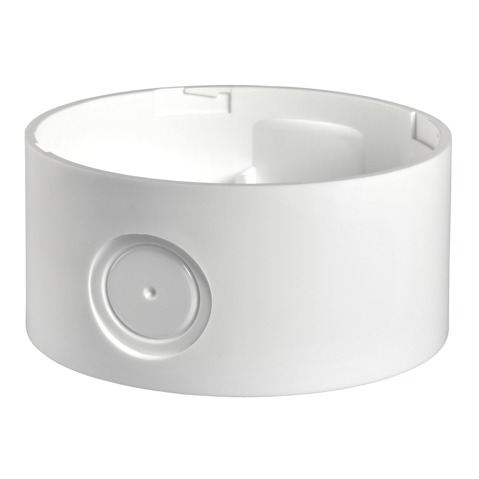 Weißes Basis-Modul in zylindrischer Form mit seitlicher Durchführung zur Aufnahme von Aufsatzkomponenten